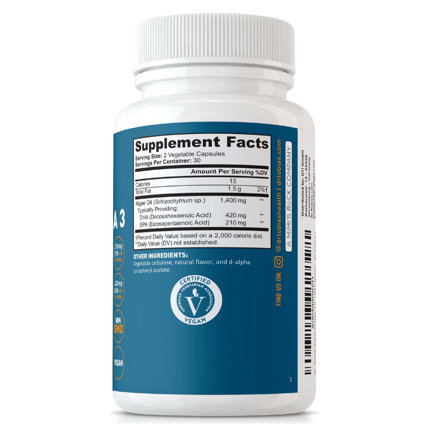 Dr. Tobias Vegan Omega 3 Supplement, 1400mg Algae Oil, 420mg DHA, and 210mg EPA per Serving, Non-GMO, Gluten-Free, Carrageenan-Free, 60 Capsules, 30 Servings Gsupps Australia