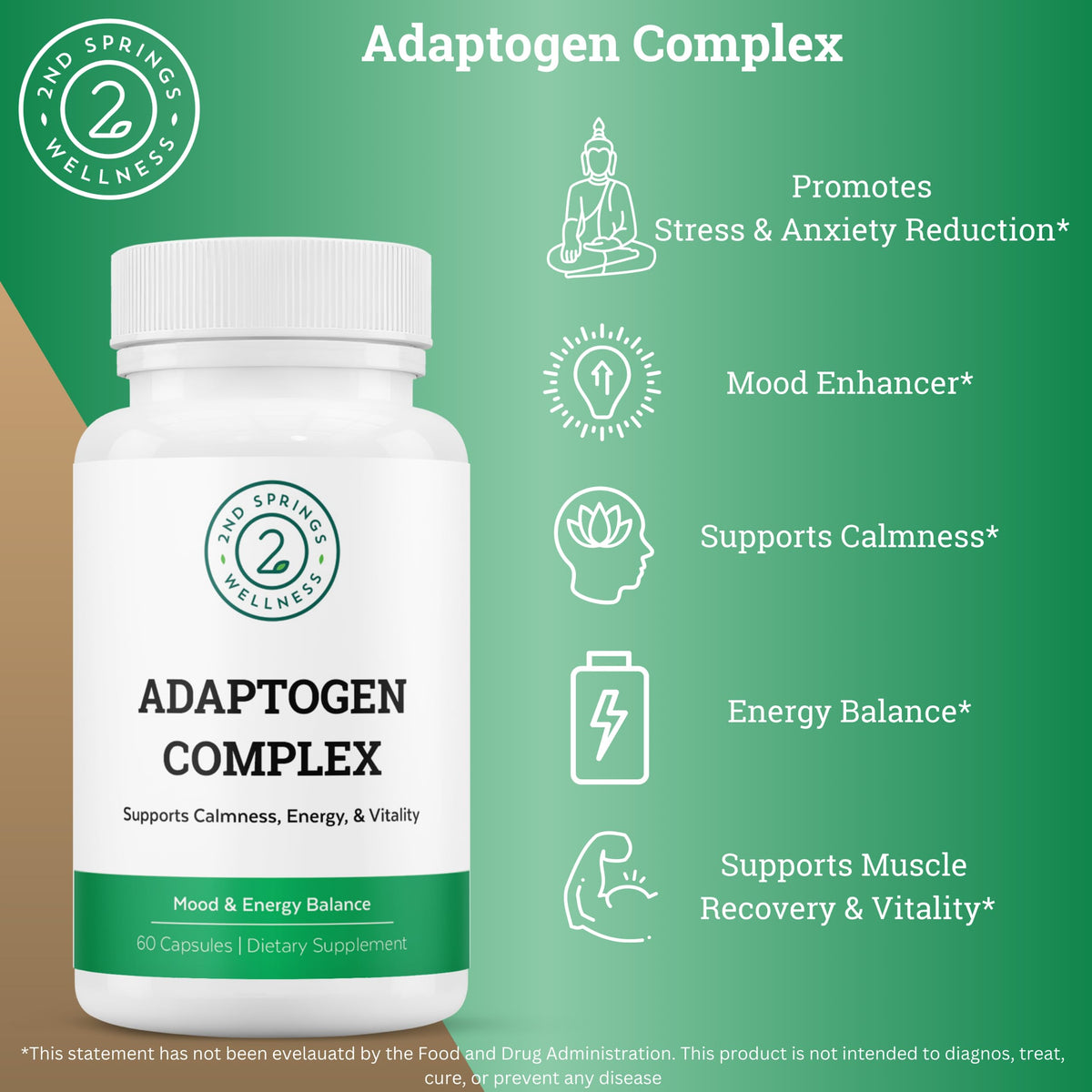 2nd Springs Adaptogen Complex Calmness, Energy and Vitality Booster - Ashwagandha, Schisandra, Astragalus, Ginseng, Rhodiola, and More - Adrenal Support Supplements - 60 Ct 2nd Springs