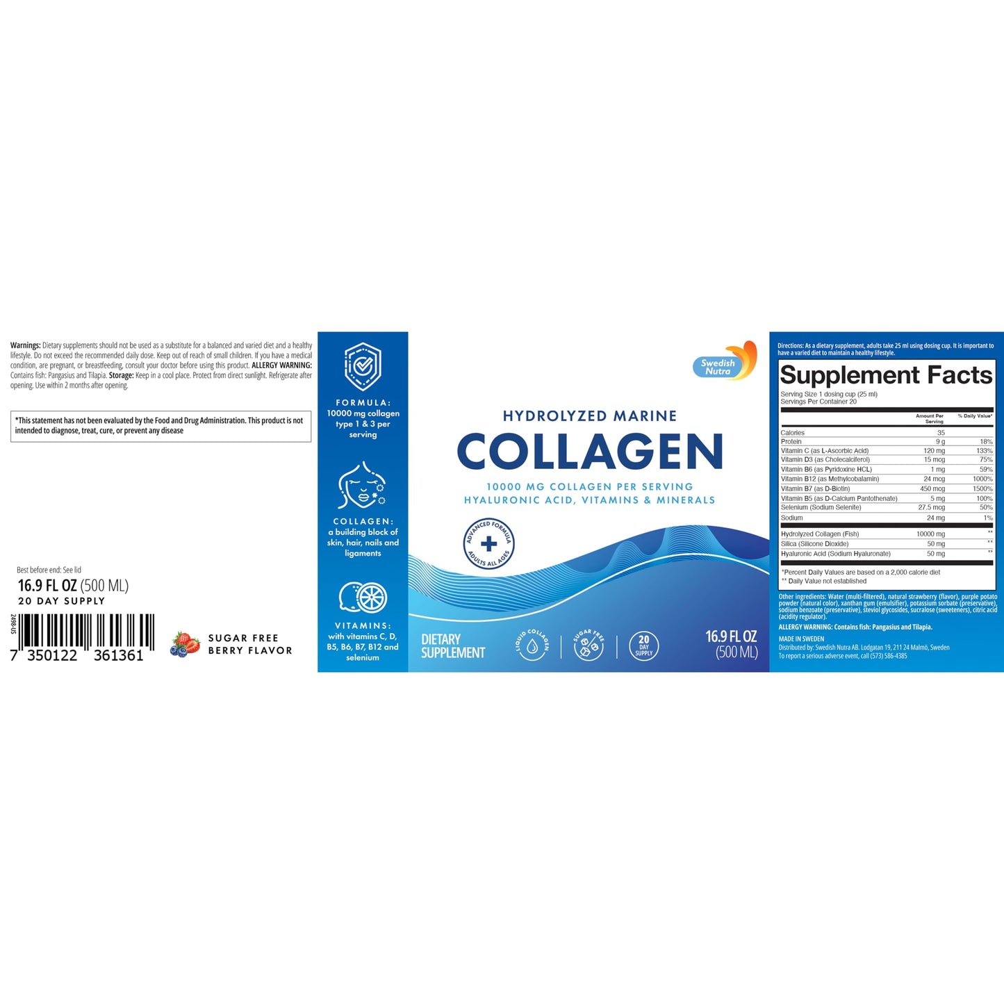 Swedish Nutra 10,000 mg Hydrolyzed Marine Collagen Liquid Supplement - 500 ml, 20 Day Supply | Hyaluronic Acid, Biotin & Vitamin C for Healthy Hair, Skin, Nails & Joints | For Men & Women | Sugar-Free Swedish Nutra