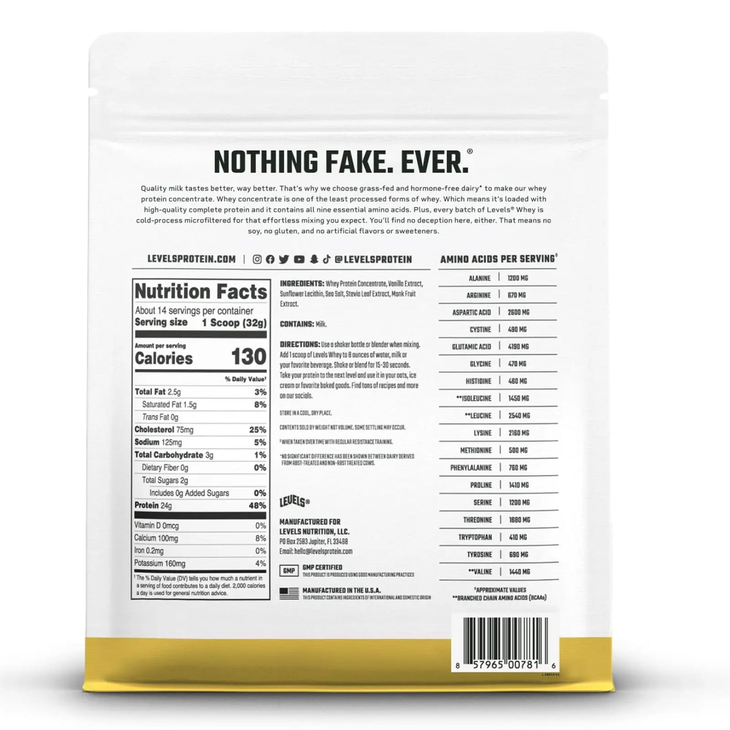 Levels Grass Fed Whey Protein Powder, No Artificials, 24G of Protein, Vanilla Bean, 1LB Levels Nutrition