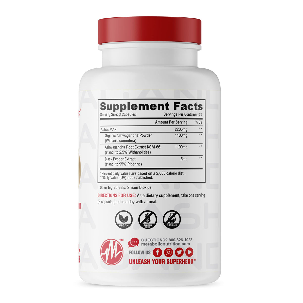 Metabolic Nutrition Ashwagandha 2200mg Made with Organic Ashwagandha Powder and Black Pepper Extract, 90 Vegan Capusles Metabolic Nutrition