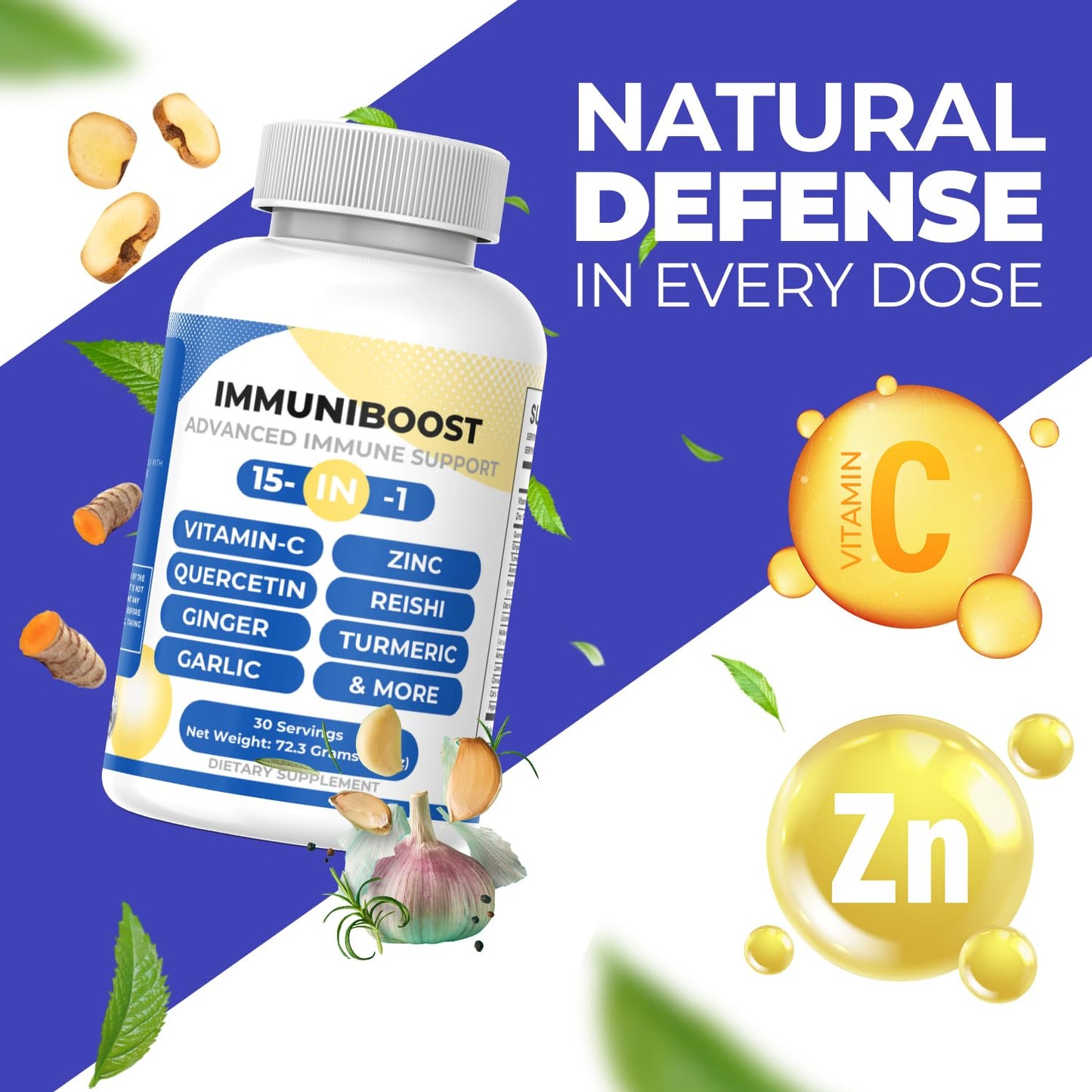 15 in 1 Immune Support Supplement 120 Capsules with Powerful Blend of Turmeric, Ginger, Vitamin C and Zinc Immune Booster for Adults ImmuniBoost