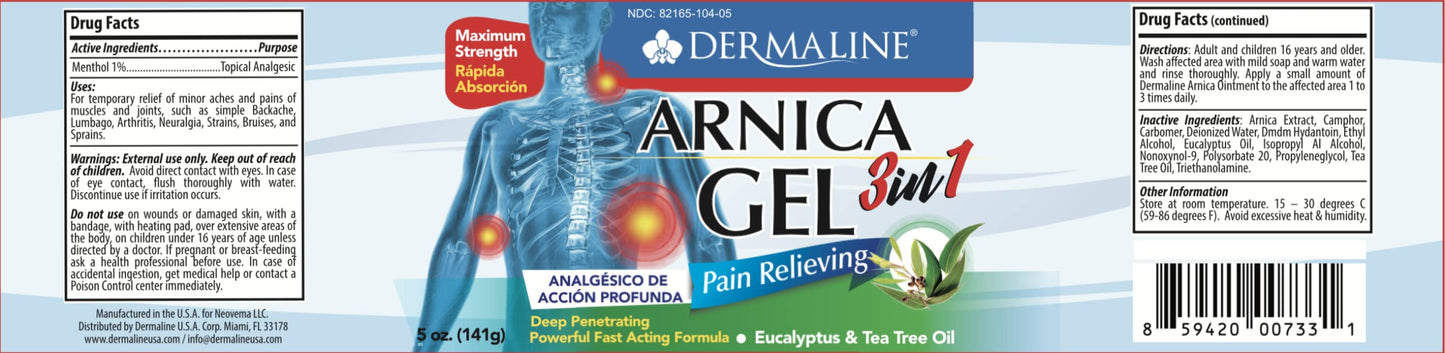 DERMALINE Arnica 3 in 1 Gel, Eucalyptus, Tea Tree Oil, Vitamin E - Fast Acting and Absorbing, Pain Relief DERMALINE