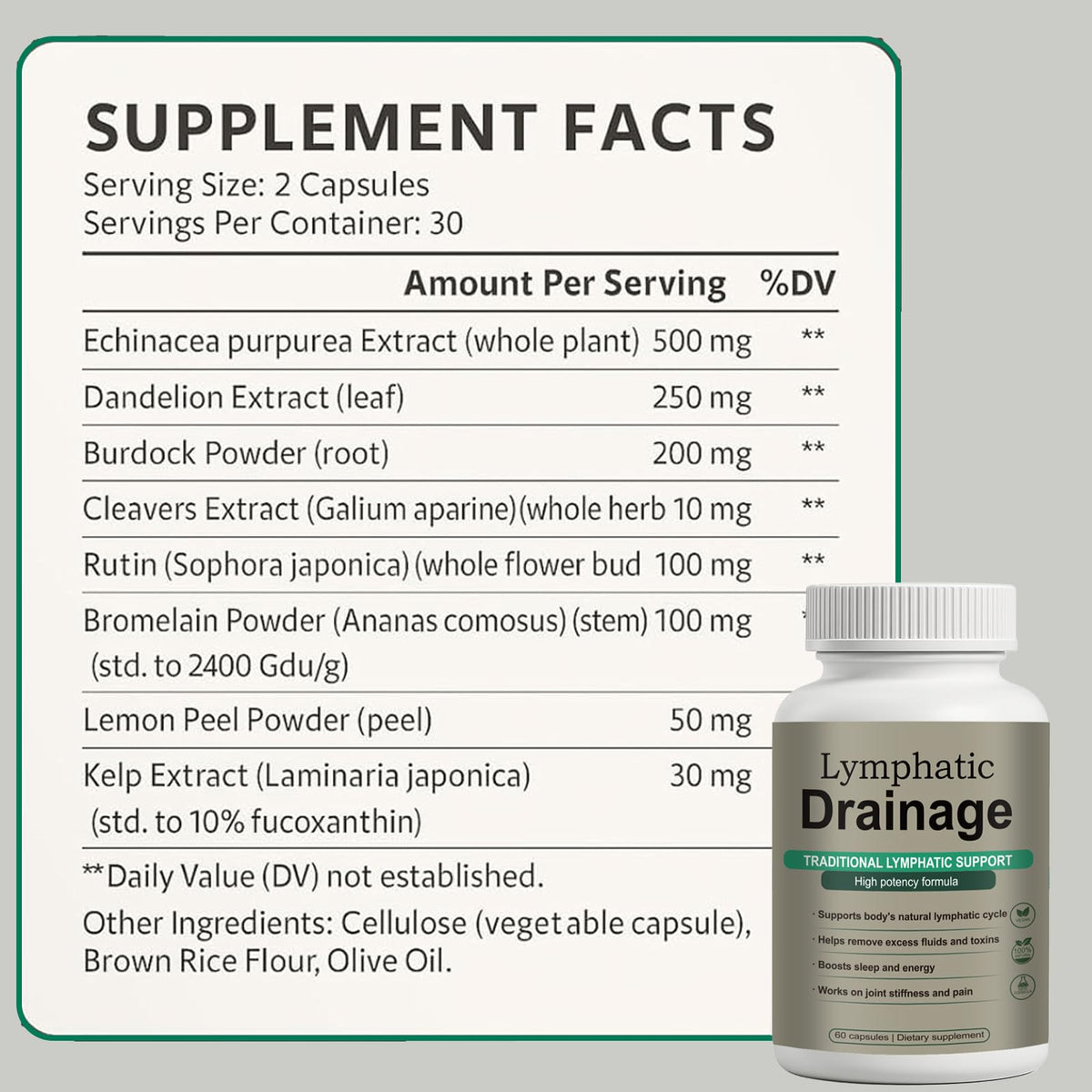 Lymphatic Drainage Capsules – Natural Herbal Blend with Dandelion, Burdock, Kelp & Echinacea – Supports Circulation & Fluid Balance Qiuumey