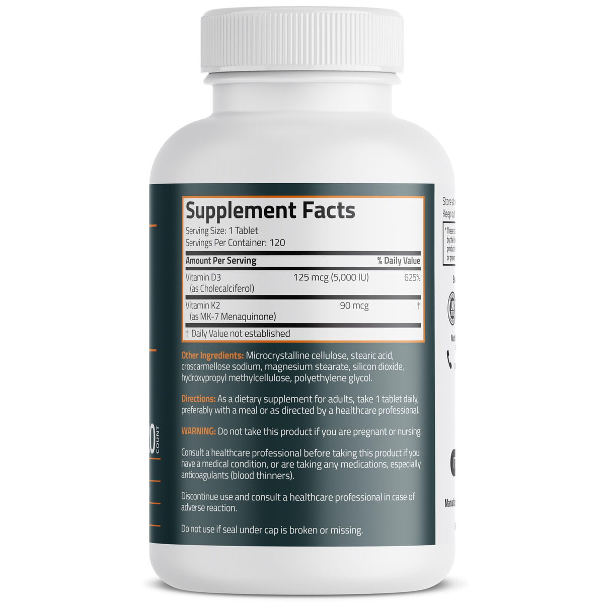 Bronson Vitamin K2 D3 (MK7) Supplement Non-GMO Formula Vitamin D3 5000IU (125 mcg) & 90 mcg K2 MK-7, Easy to Swallow D Bronson