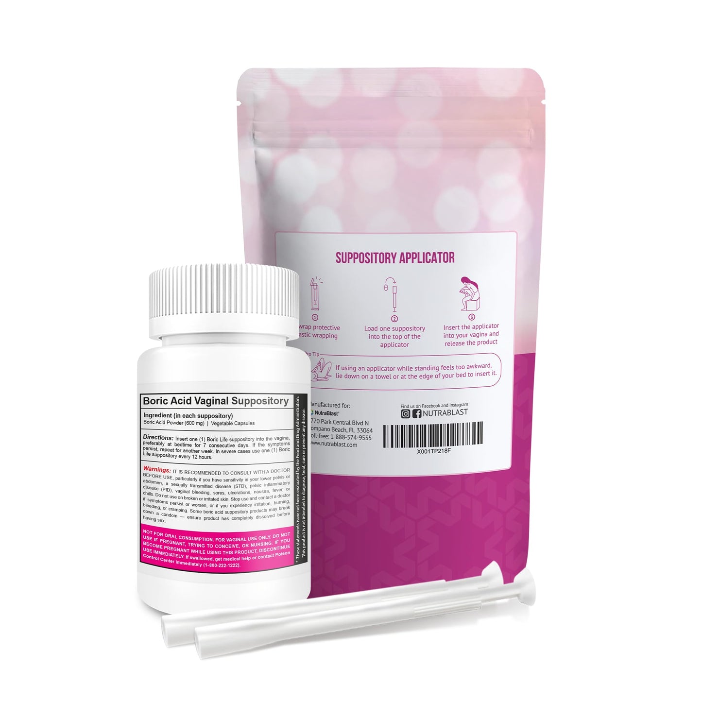 NutraBlast Boric Acid Suppositories 600mg Bundle with Applicator, 30 Suppositories & 15 Applicators - Feminine Care - Made in USA NutraBlast