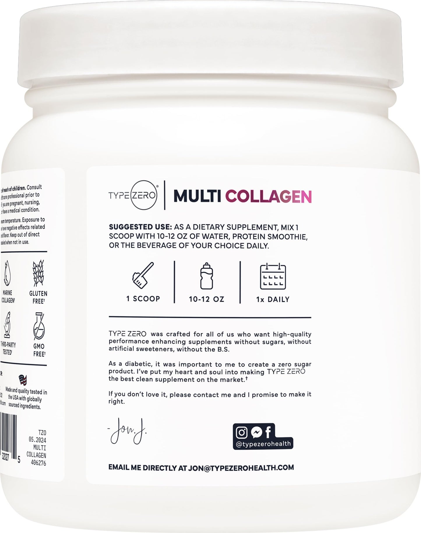 Type Zero Multi Collagen Powder 30 Servings (Unflavored) - Types I, II, III, V, & X Collagen Peptides + Hyaluronic Acid, VIT C, Biotin Type Zero