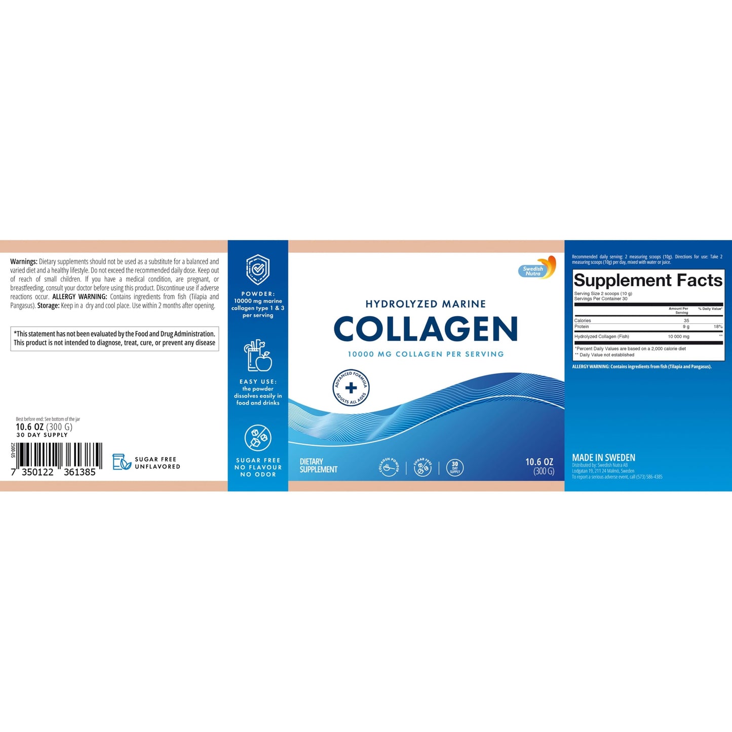 Swedish Nutra 10,000 mg Hydrolysed Marine Collagen Powder Supplement - 30 Day Supply| Type 1 & 3 Collagen, Pure Peptides for Healthy Hair, Skin, Nails, Joints I Unflavored | 100% Natural | Sugar-Free Swedish Nutra