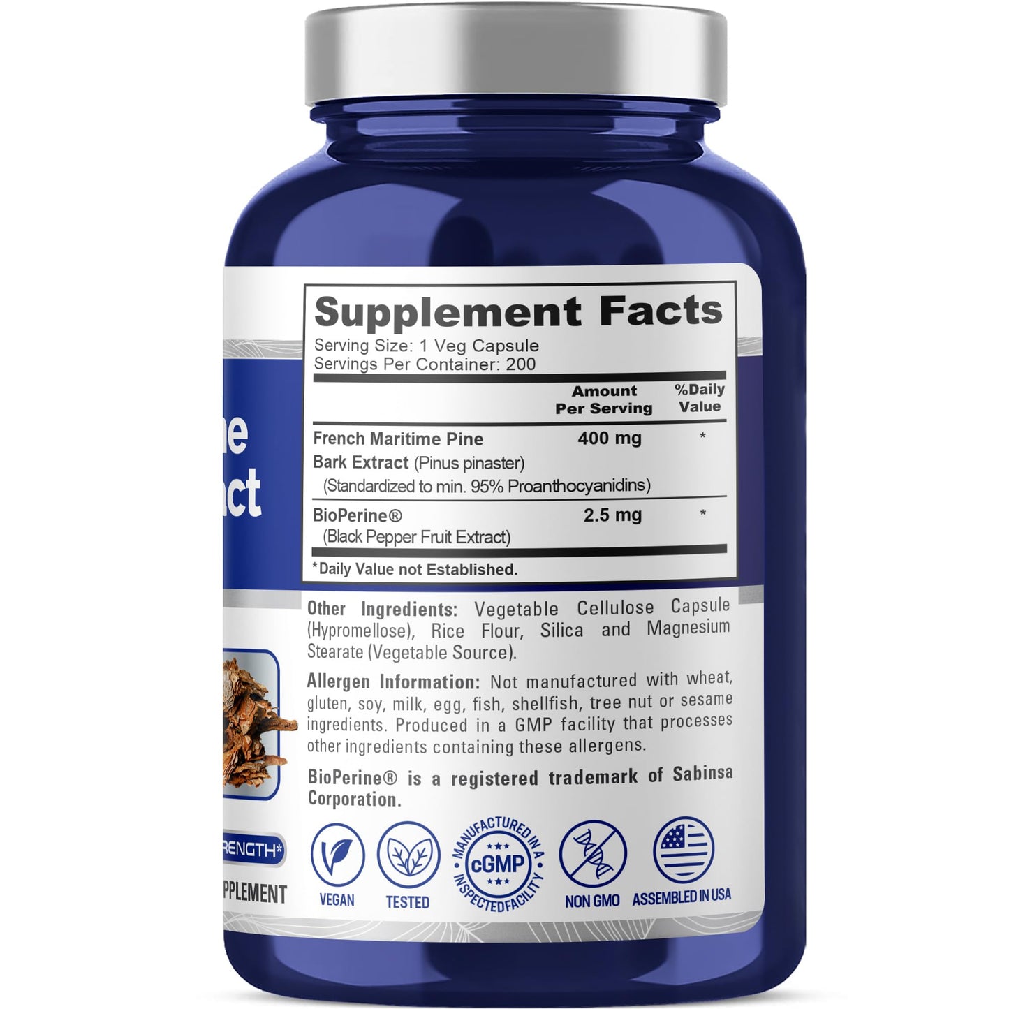 NusaPure French Maritime Pine Bark Extract 400mg per Veggie Caps 200-Day Supply Bioperine Non-GMO Vegan NusaPure