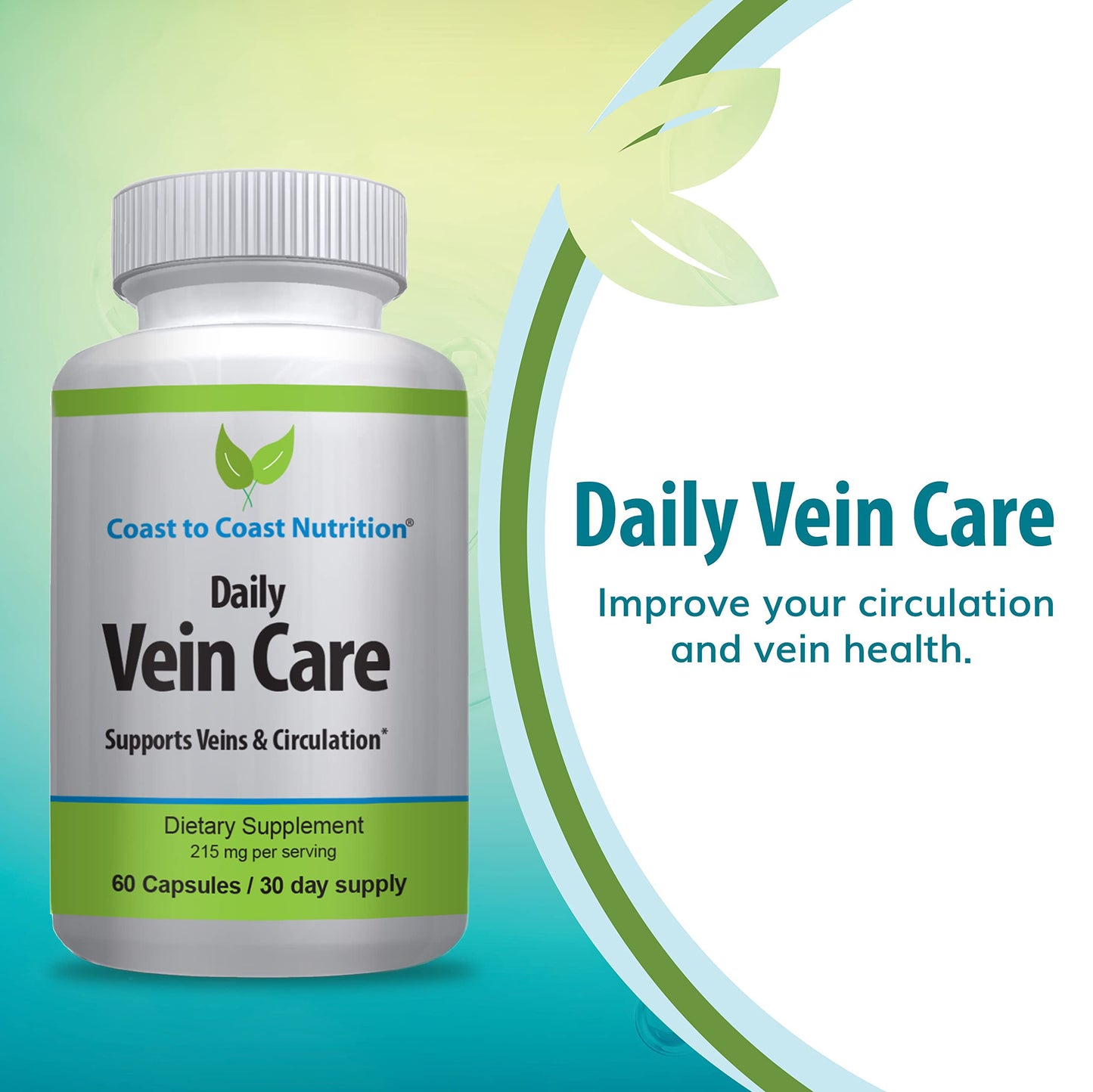 Coast to Coast Nutrition Daily Vein Care Supplement Capsules — Circulation Formula with a Natural Blend of Calcium, Vitamin D3, Vitamin K2 Plus BioPerine for Max Absorption Vein Formula — 60 Capsules Coast to Coast Nutrition