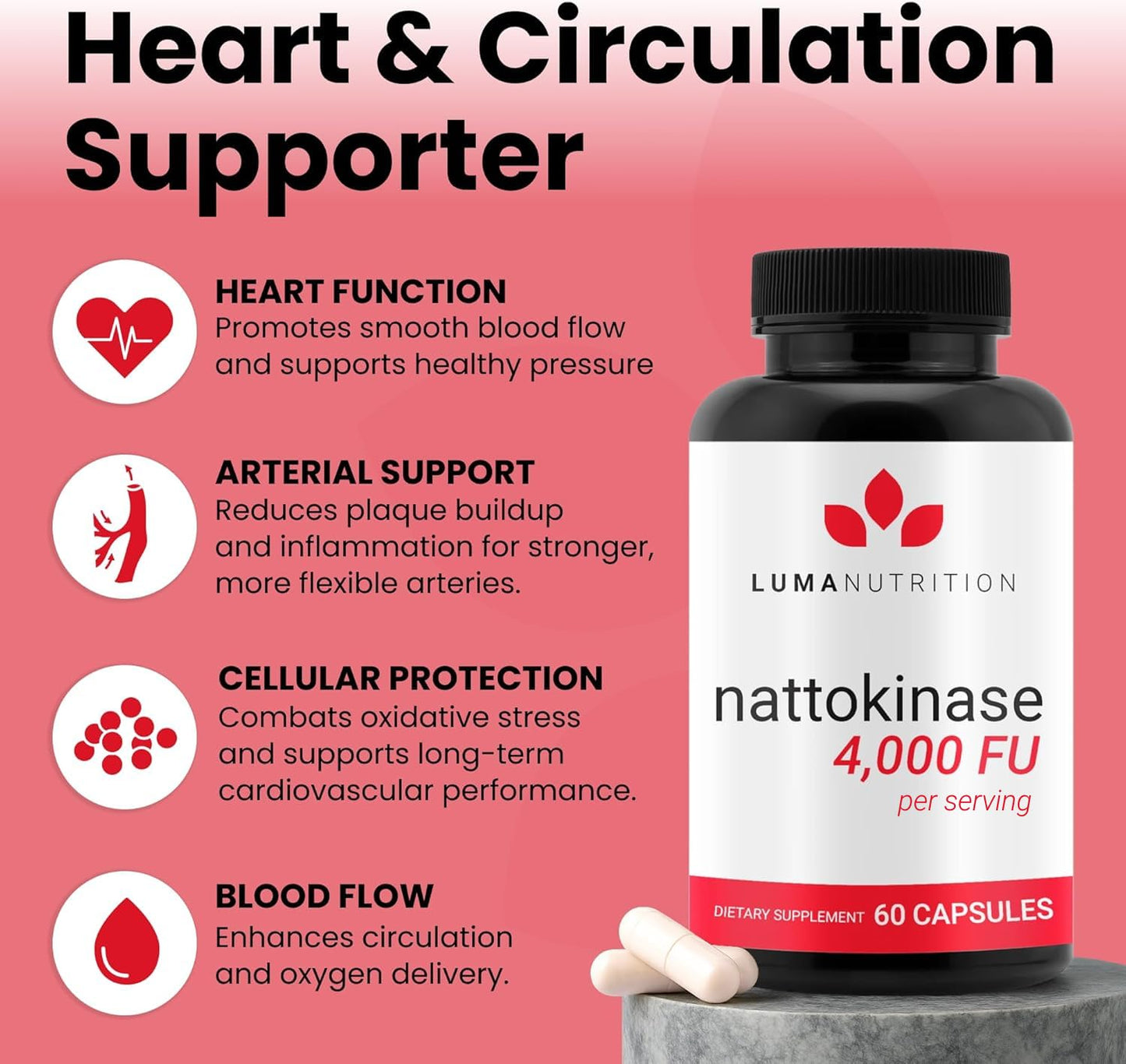Luma Nutrition Nattokinase Supplement - Natto 4000 FU Per Serving, Premium Heart Health Support - Vegan & Gluten Free - 60 Capsules Luma Nutrition