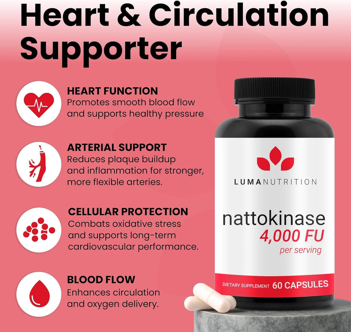 Luma Nutrition Nattokinase Supplement - Natto 4000 FU Per Serving, Premium Heart Health Support - Vegan & Gluten Free - 60 Capsules Luma Nutrition