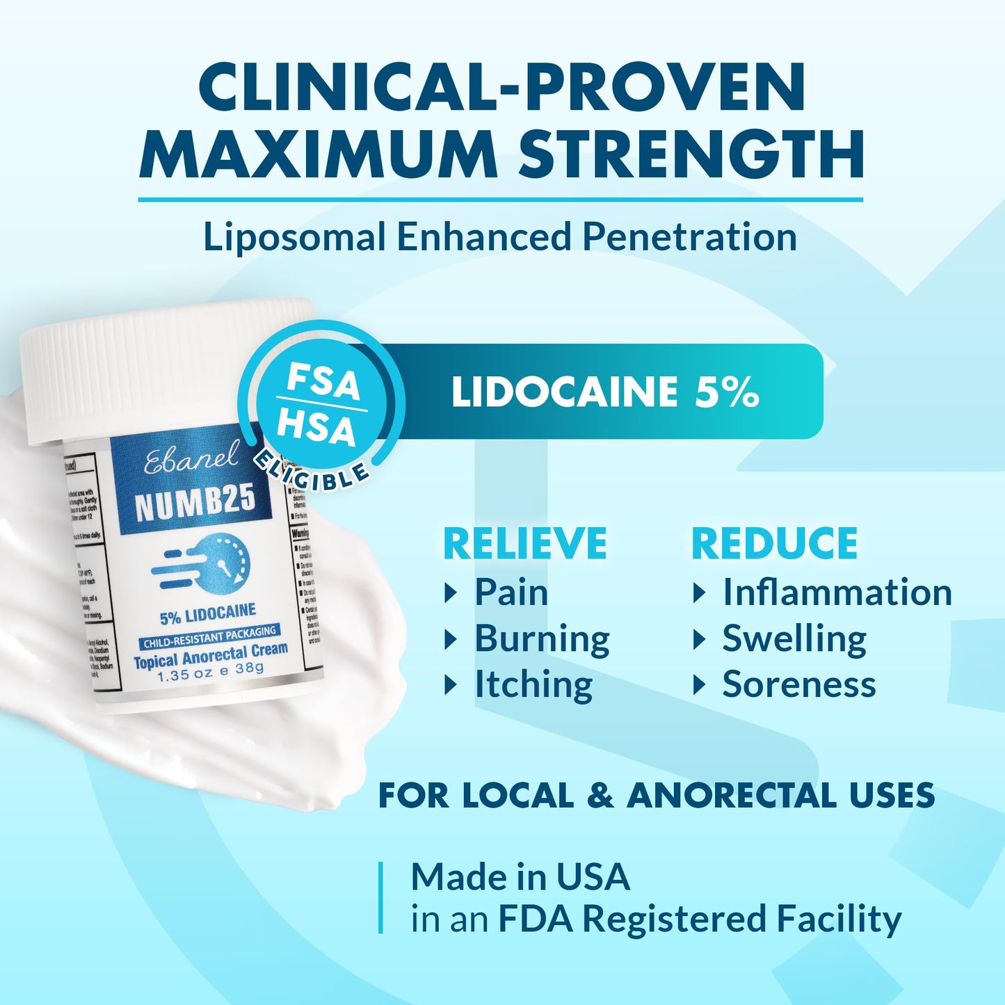 Ebanel 5% Lidocaine Numbing Cream, Pain Relief Burn Itch Numb Cream, Maximum Strength Numb25 Topical Anesthetic with Allantoin, Vitamin E for Local and Anorectal Uses, Hemorrhoid Treatment, 1.35 Oz Aus Healthcare