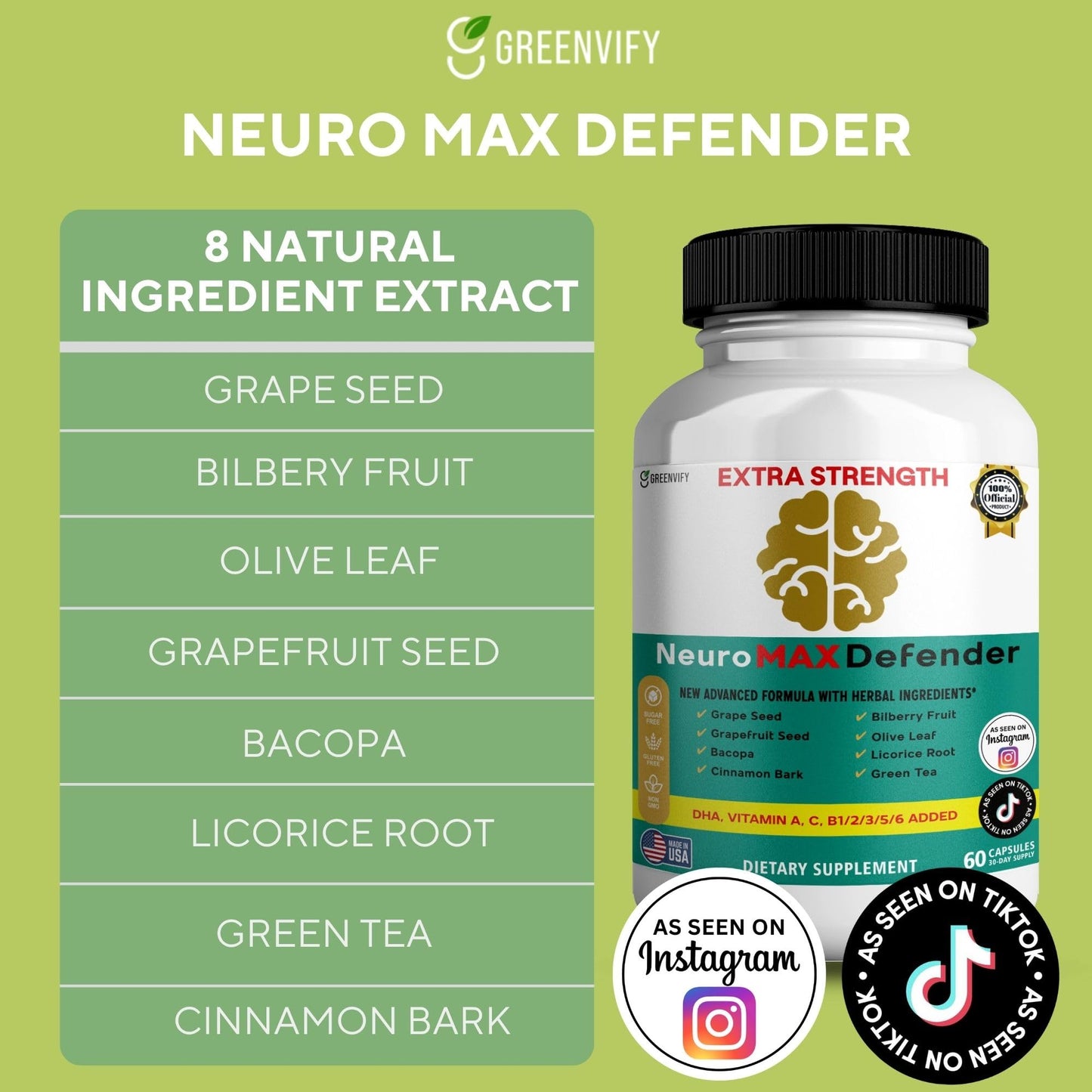 GREENVIFY NeuroMAX Defender Extra Strength Brain Support Supplement with Herbal Blend, 60 Capsules, DHA, B12, Vitamins A C D E, Selenium, 30-Day Supply (1) GREENVIFY