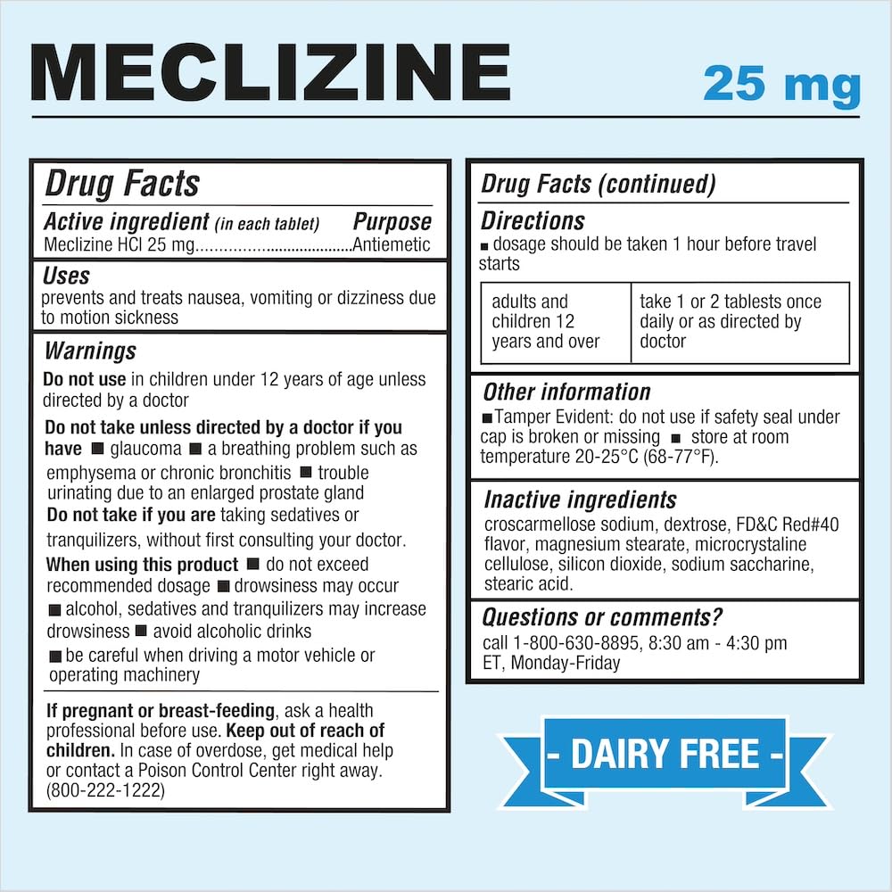 Puregen Labs Meclizine 25 mg Antiemetic 200 chewable Tablets | Motion Sickness Relief - Prevent Nausea, Vomiting, and Dizziness | Dairy Free | Value Pack – 200 chewable Tablets P Puregen Labs