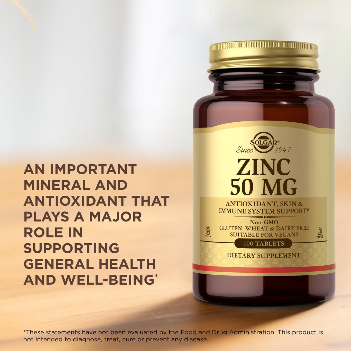 Solgar Zinc 50 mg, 100 Tablets - Zinc for Healthy Skin, Taste & Vision - Immune System & Antioxidant Support - Supports Cell Growth & DNA Formation Solgar