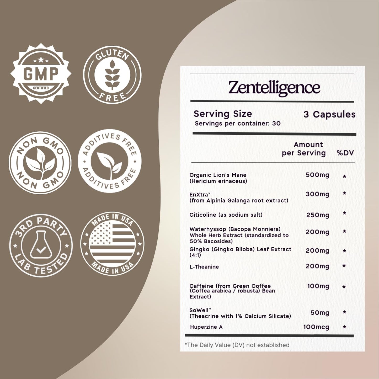Zen Principle Zentelligence™ Focus Nootropic Supplement for Students & Professionals | Energy, Memory & Stress Support | Jitter-Free Formula with L-Theanine, Ginkgo Biloba, Huperzine A. 90 Capsules Zen Principle