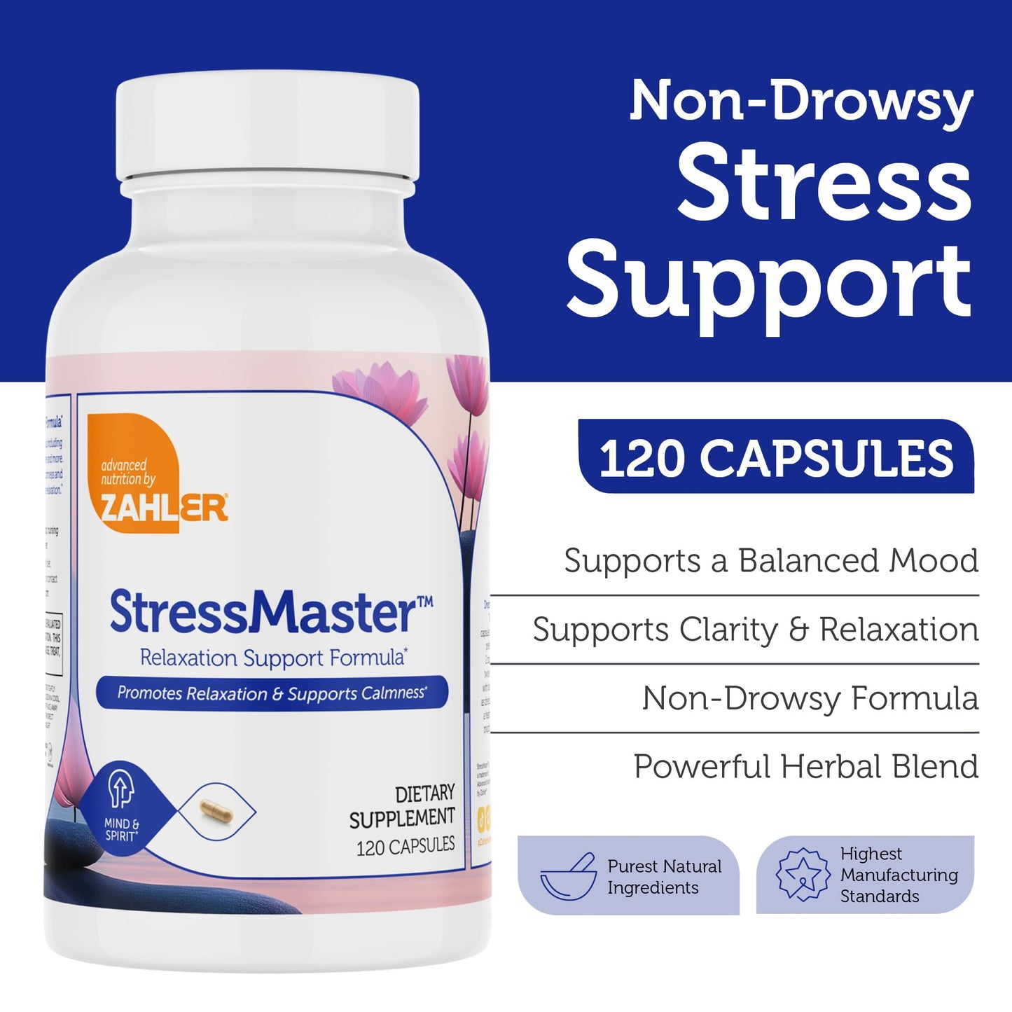 Zahler StressMaster, Relaxation Support Supplement, Promotes Natural Calm, Certified Kosher 120 Capsules Zahler