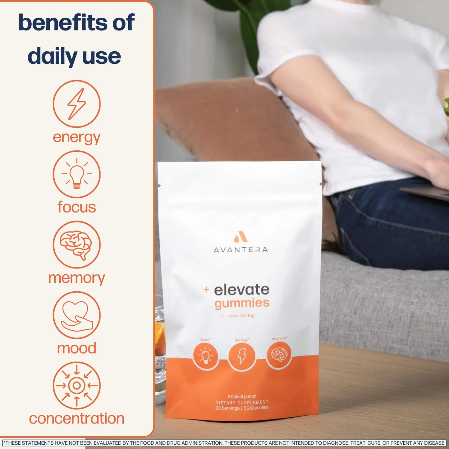 Avantera Elevate Gummies Premium Nootropic Supplement - Beat Brain Fog - Best Focus Supplements for Memory & Focus Support - Energy Without Crash - 60 Gummies for Women & Men Avantera