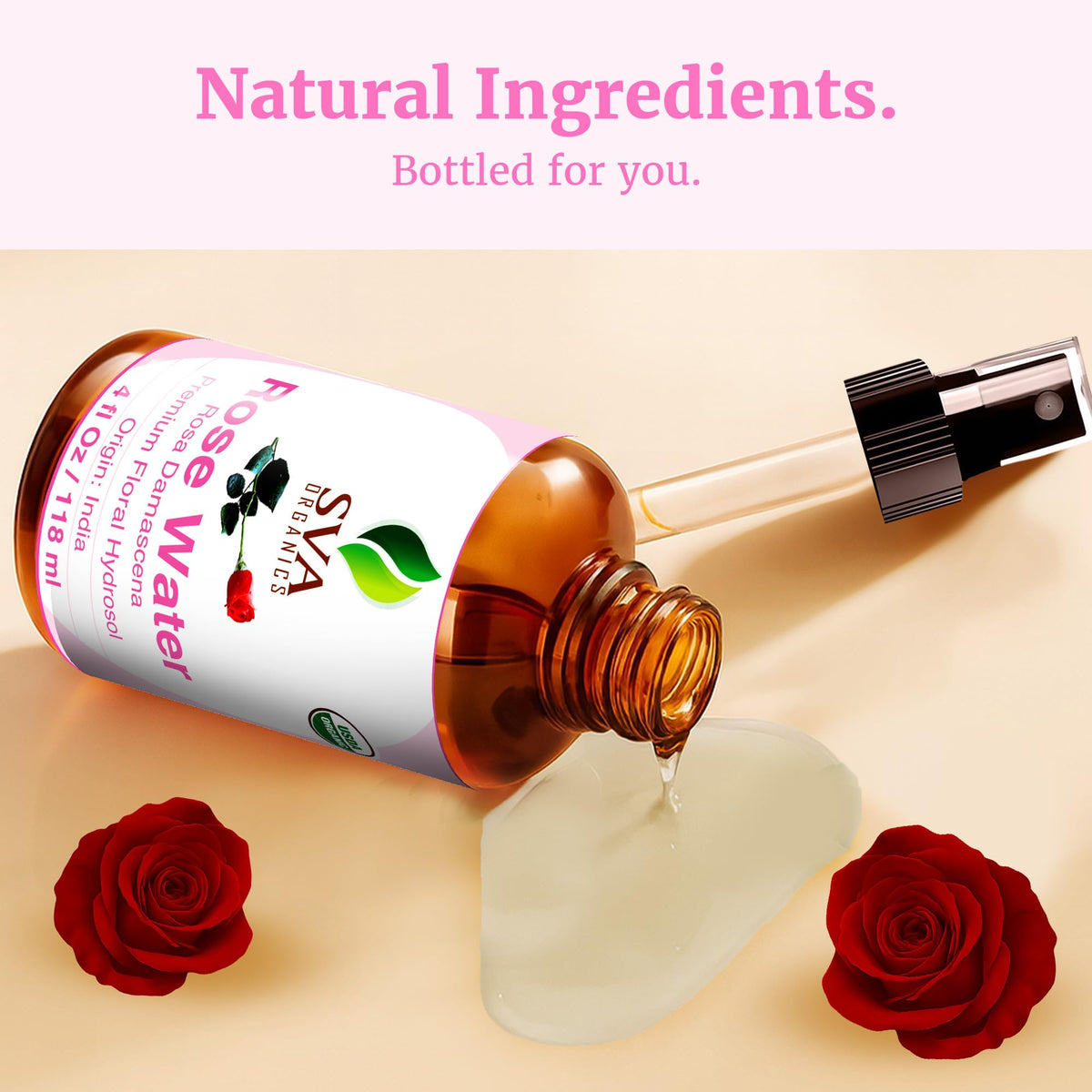 SVA ORGANICS Rose Water, Glass Bottle with Spray, 4 Fl Oz (118 ml) SVA ORGANICS