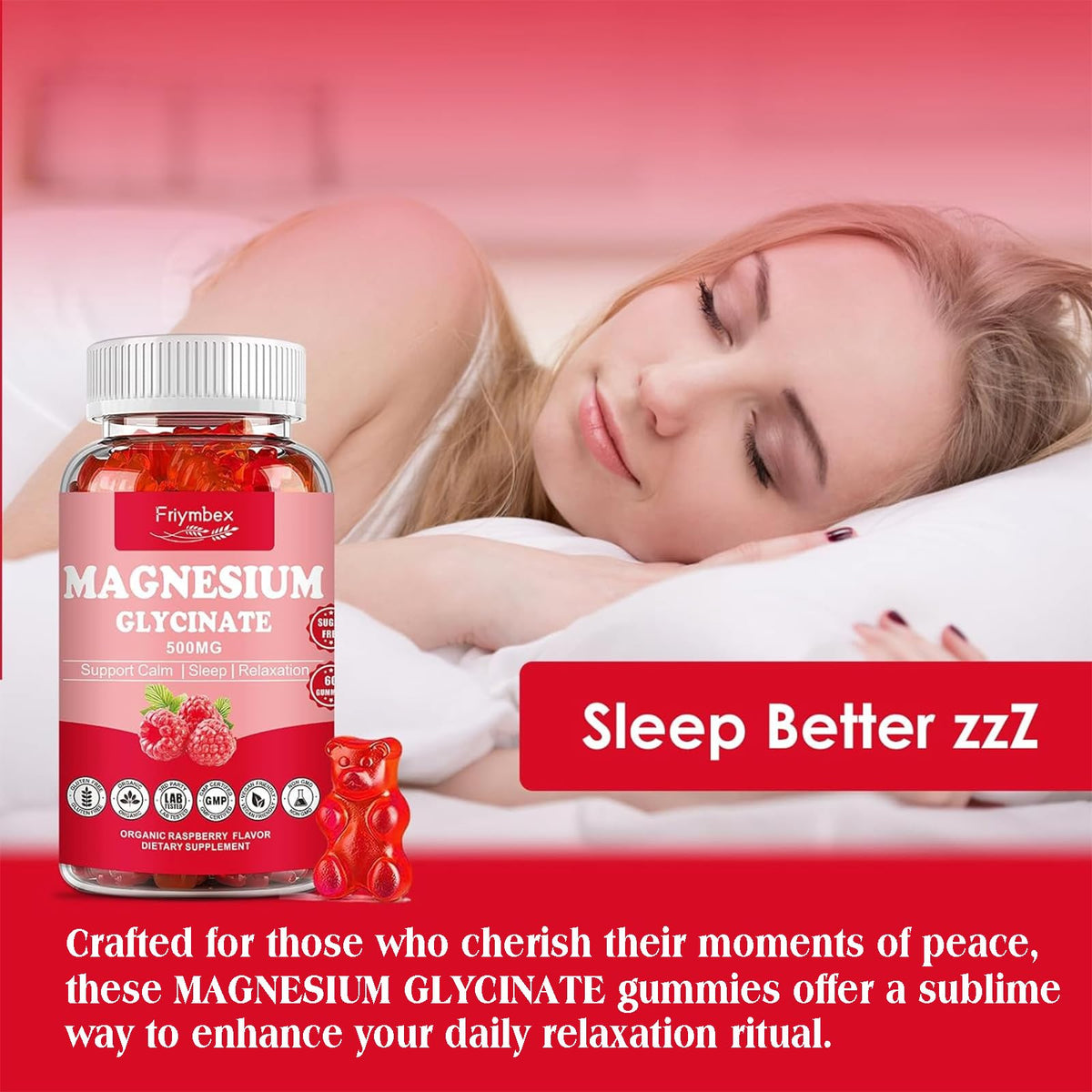 Magnesium Glycinate Gummies 500mg | Relaxation Calm Magnesium Gummies | Sugar-Free | Non-GMO | Gluten-Free Friymbex