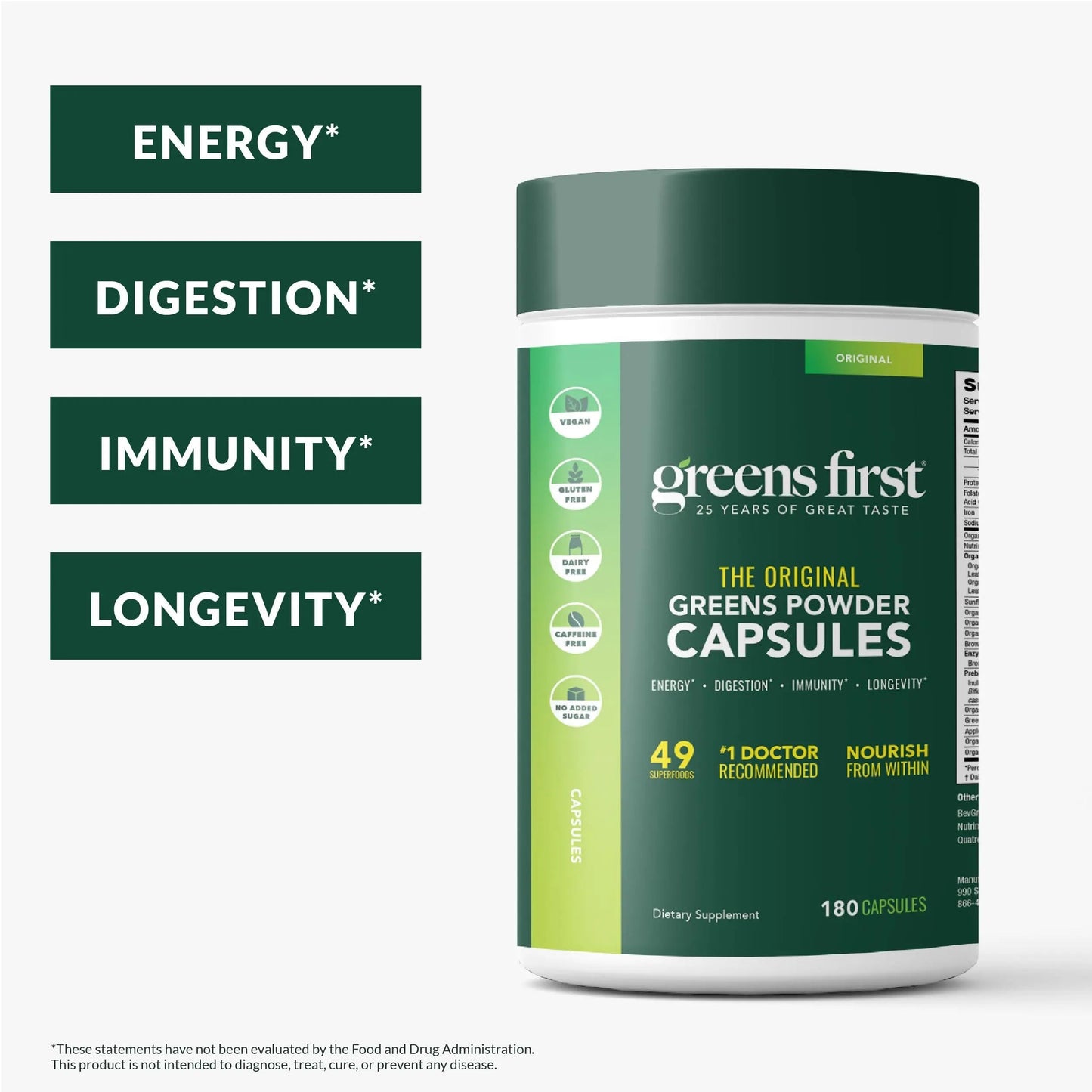 Greens First Phytonutrient Capsules - 49 Antioxidant-Rich Superfoods with Organic Fruits & Veggies, Prebiotics, Probiotics Greens First