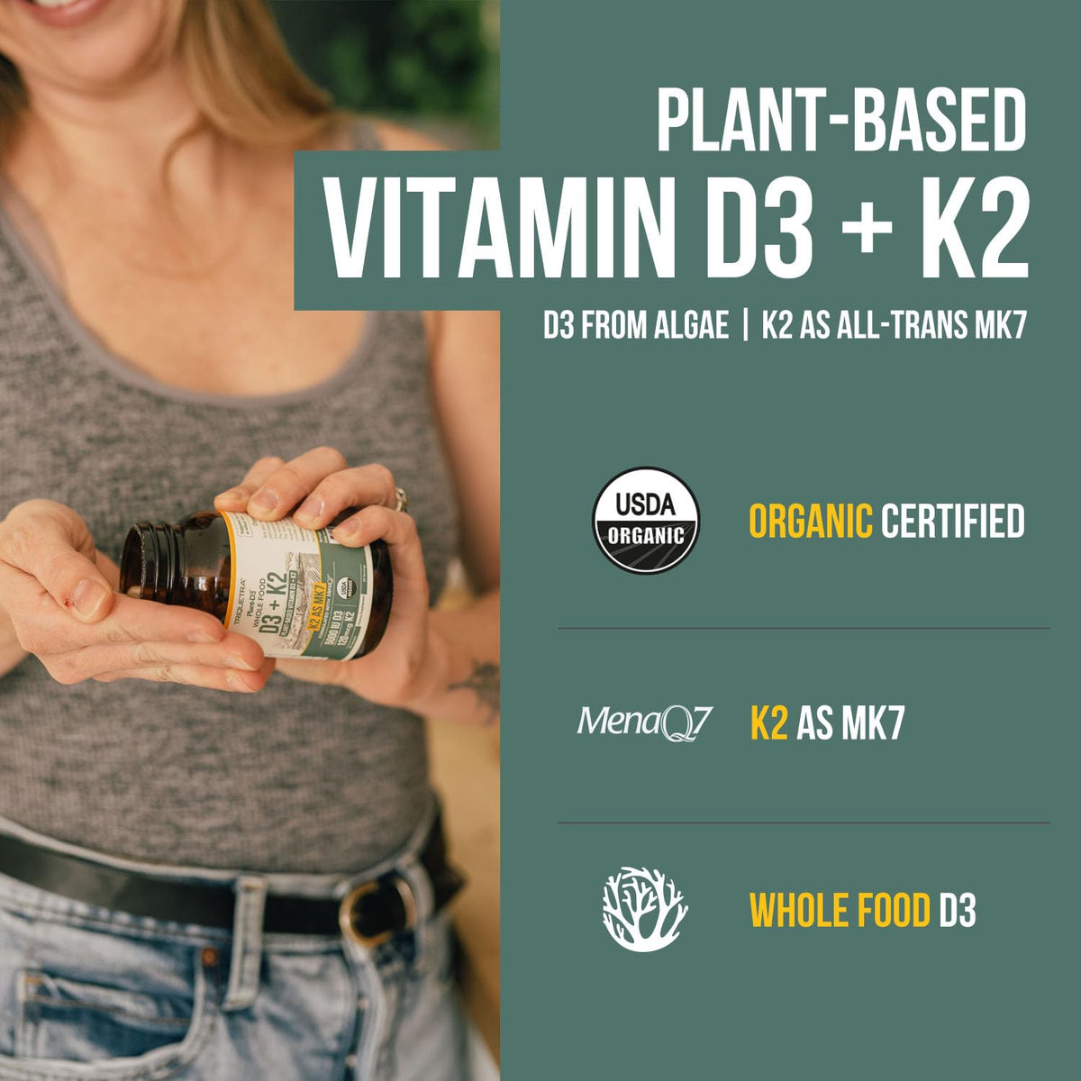 Organic Plant D3 + K2 | 5000 iu D3 + 120 mcg K2 as All-Trans MK7 from MenaQ7® - 100% Whole Food, Raw & Vegan | Enhanced Digestion with Prebiotic Triquetra Health