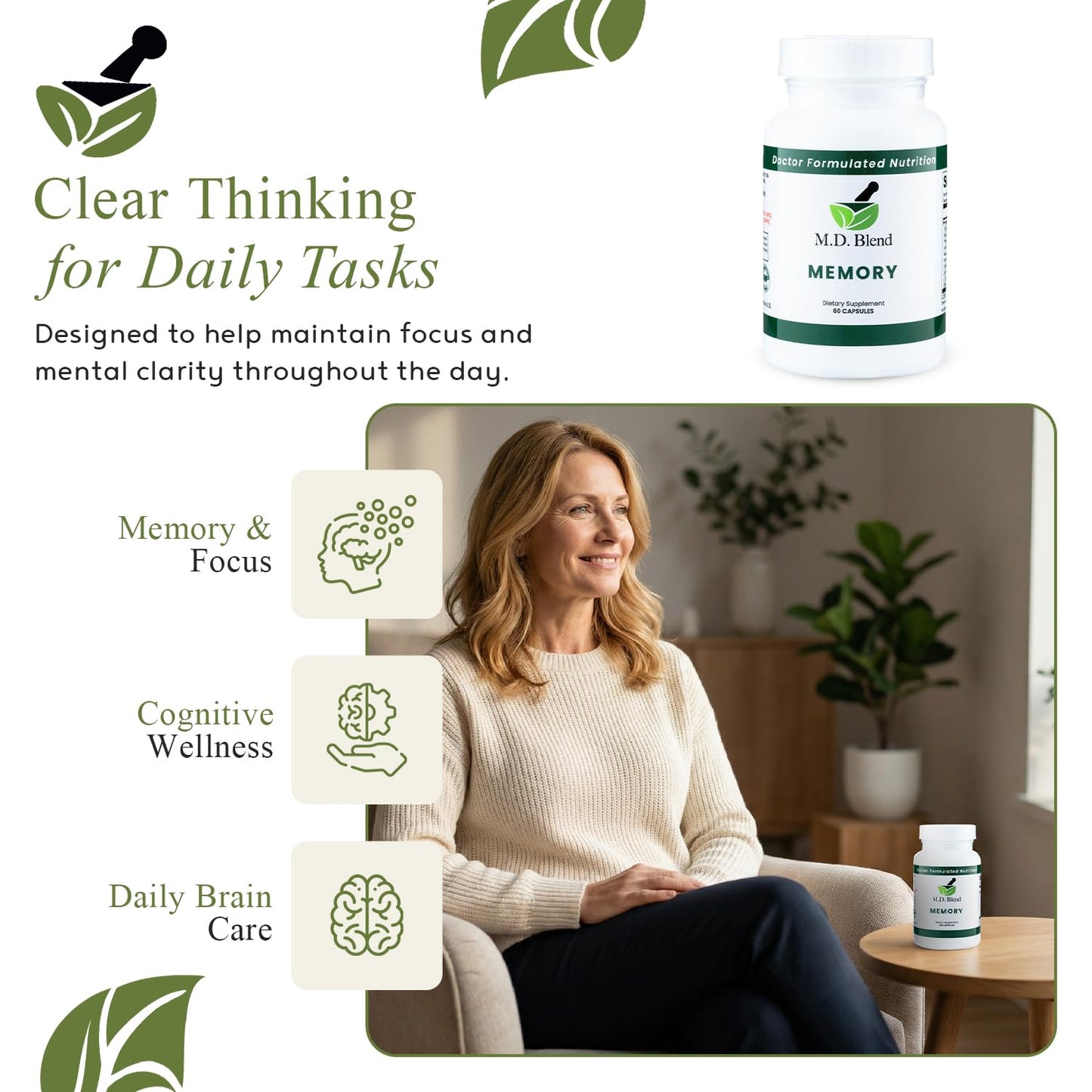 M.D. Blend Brain Support for Memory and Focus - Brain Supplement for Memory & Neural Function - Premium L-Tyrosine, Phosphatidylserine, Bacopa Monnieri Focus Supplement, 30 Capsules (Pack of 1) M.D. Blend