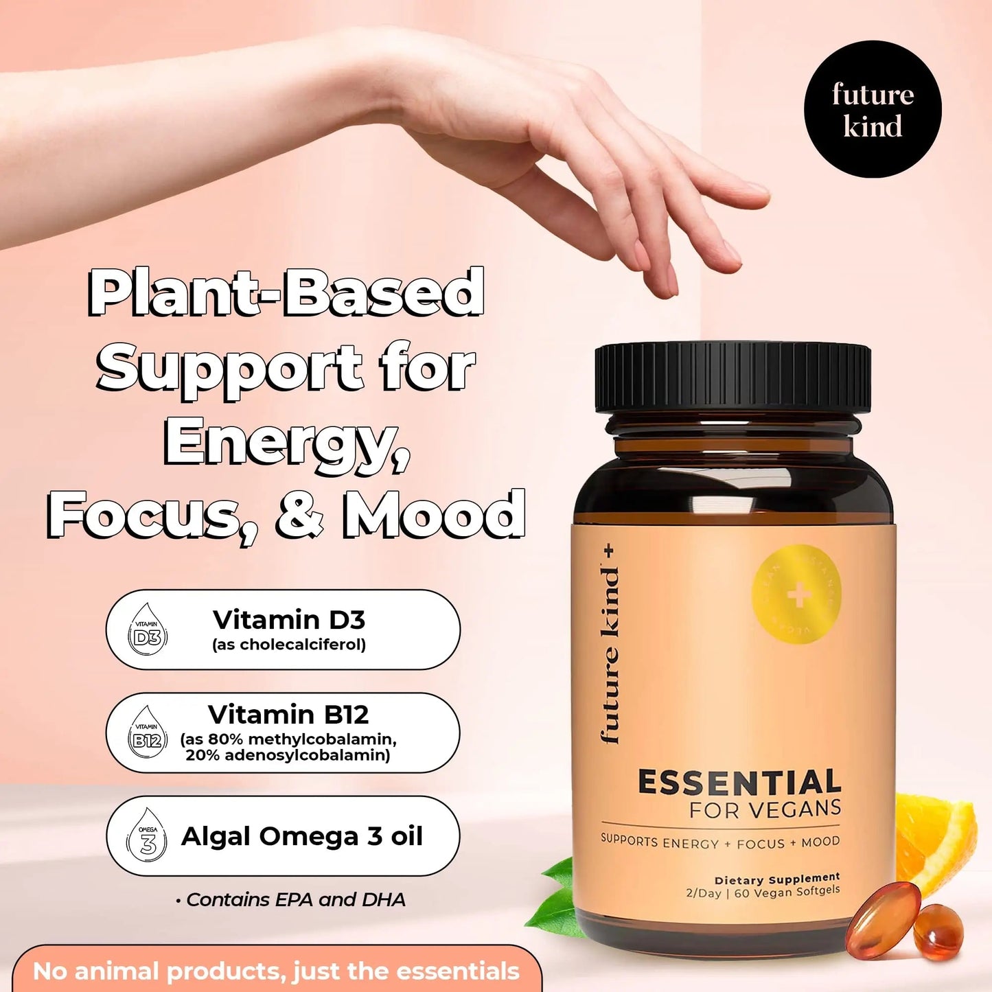 Future Kind Vegan Multivitamins - Glass Bottle & Made for Vegans with Omega 3 DHA, EPA, Vitamin B12 & D3 for Energy, Focus, & Mood (60 Softgels) Future Kind