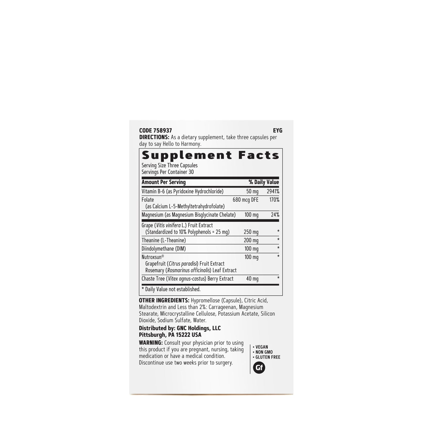 GNC Women's Hello Harmony | Clinically Proven Hormonal Support for Women | Supports Mood, Skin, and Stress Management | Vegan and Gluten Free | 90 Count GNC