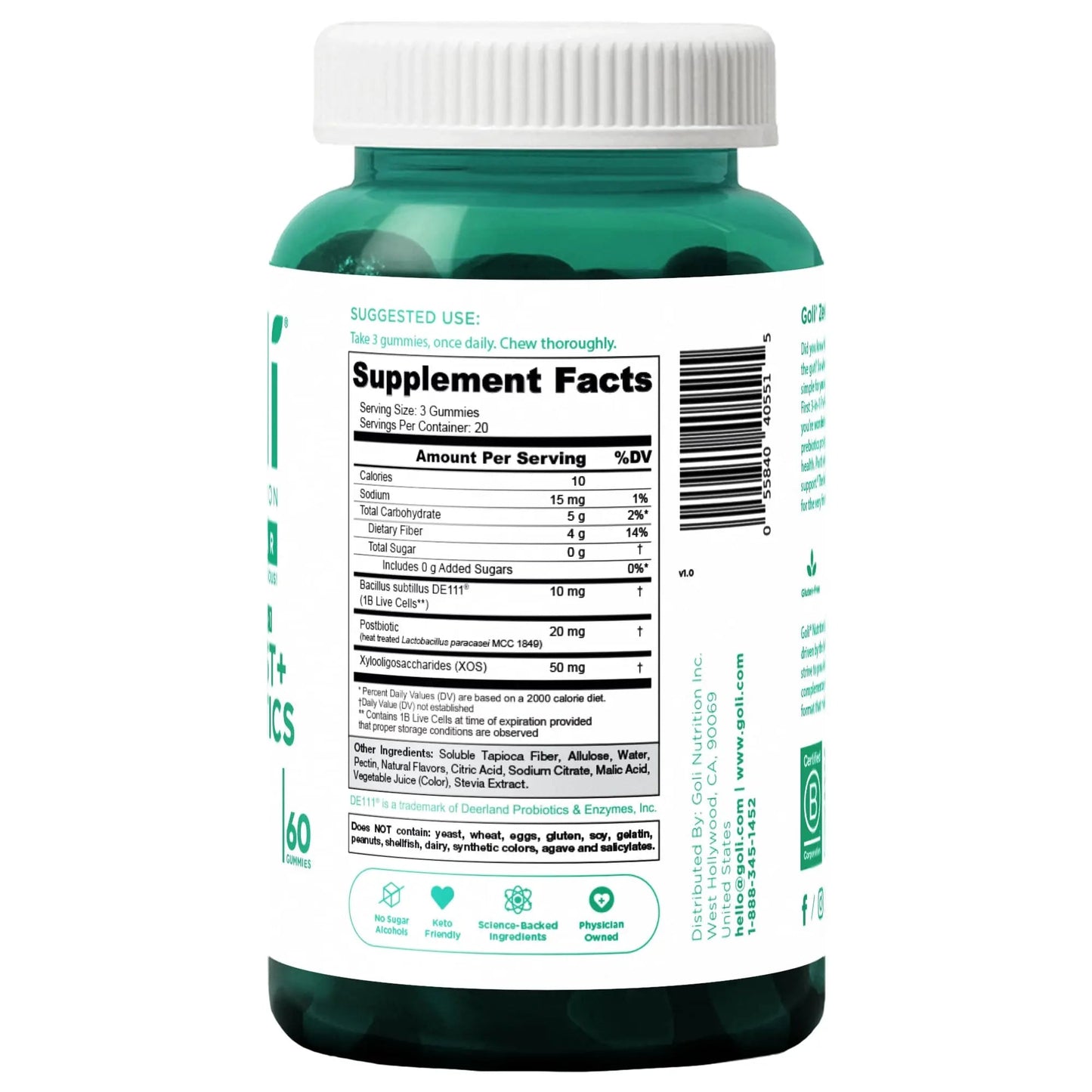 Goli Zero Sugar Pre Pro Postbiotic Gummies - Worlds First 3-in-1 with DE111, XOS, MCC1849 - No Sugar Alcohols - Vegan, Keto-Friendly, Non-GMO Goli