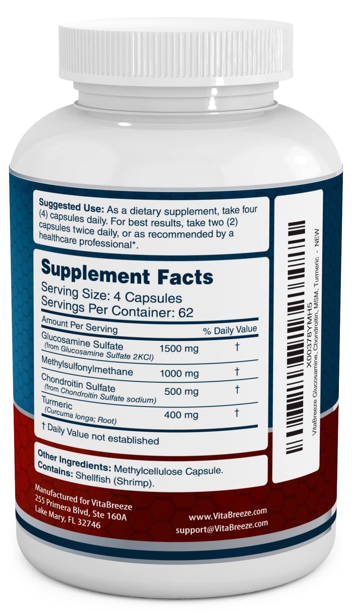 VitaBreeze Glucosamine Chondroitin, MSM & Turmeric Dietary Supplement - 248 Capsules VitaBreeze