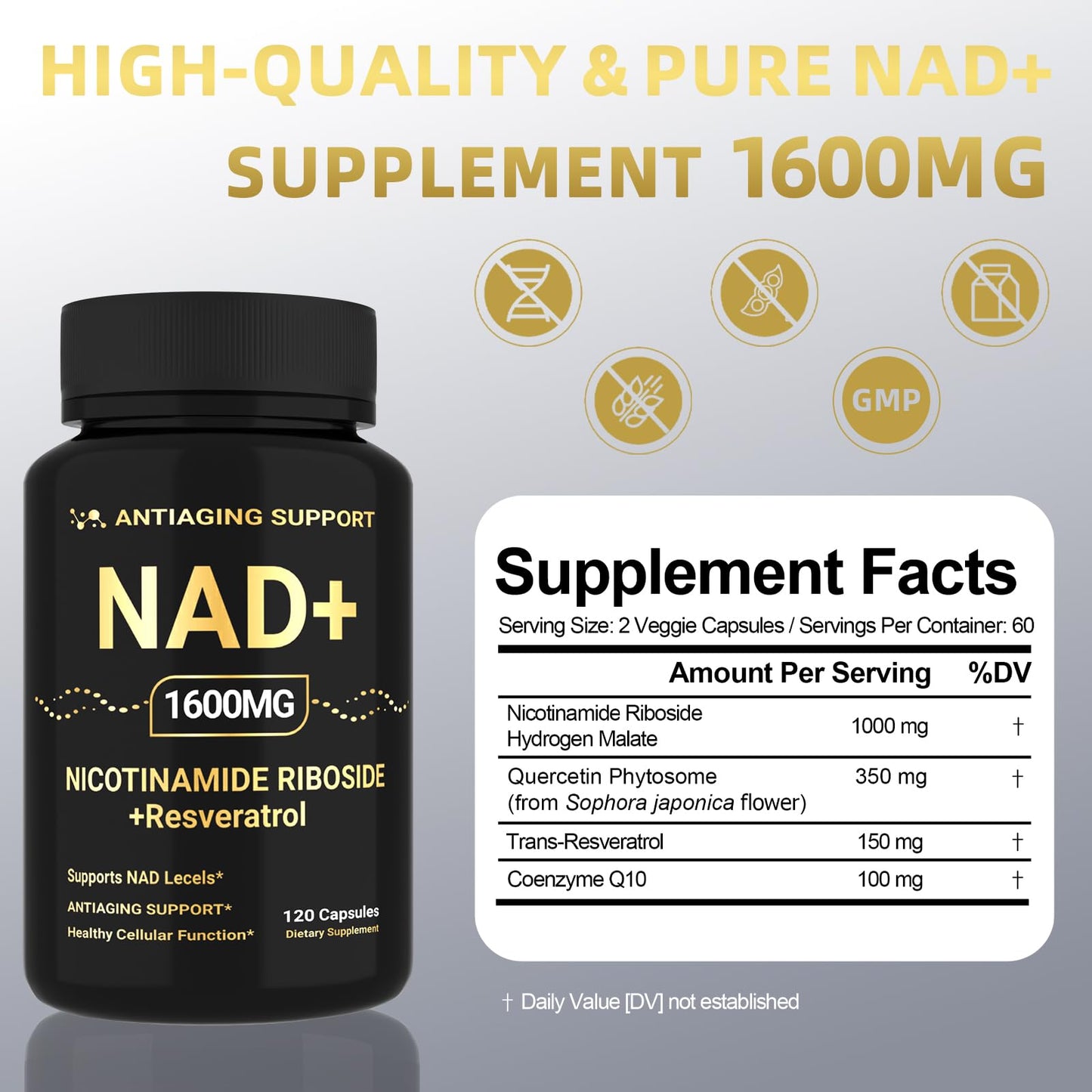 NAD Supplement 1600mg, NAD+ with Resveratrol & Nicotinamide Riboside, Anti-Aging Support, Cellular Energy & Mental Clarity Support, Vegan Non-GMO, 120 Capsules ANTIAGING SUPPORT