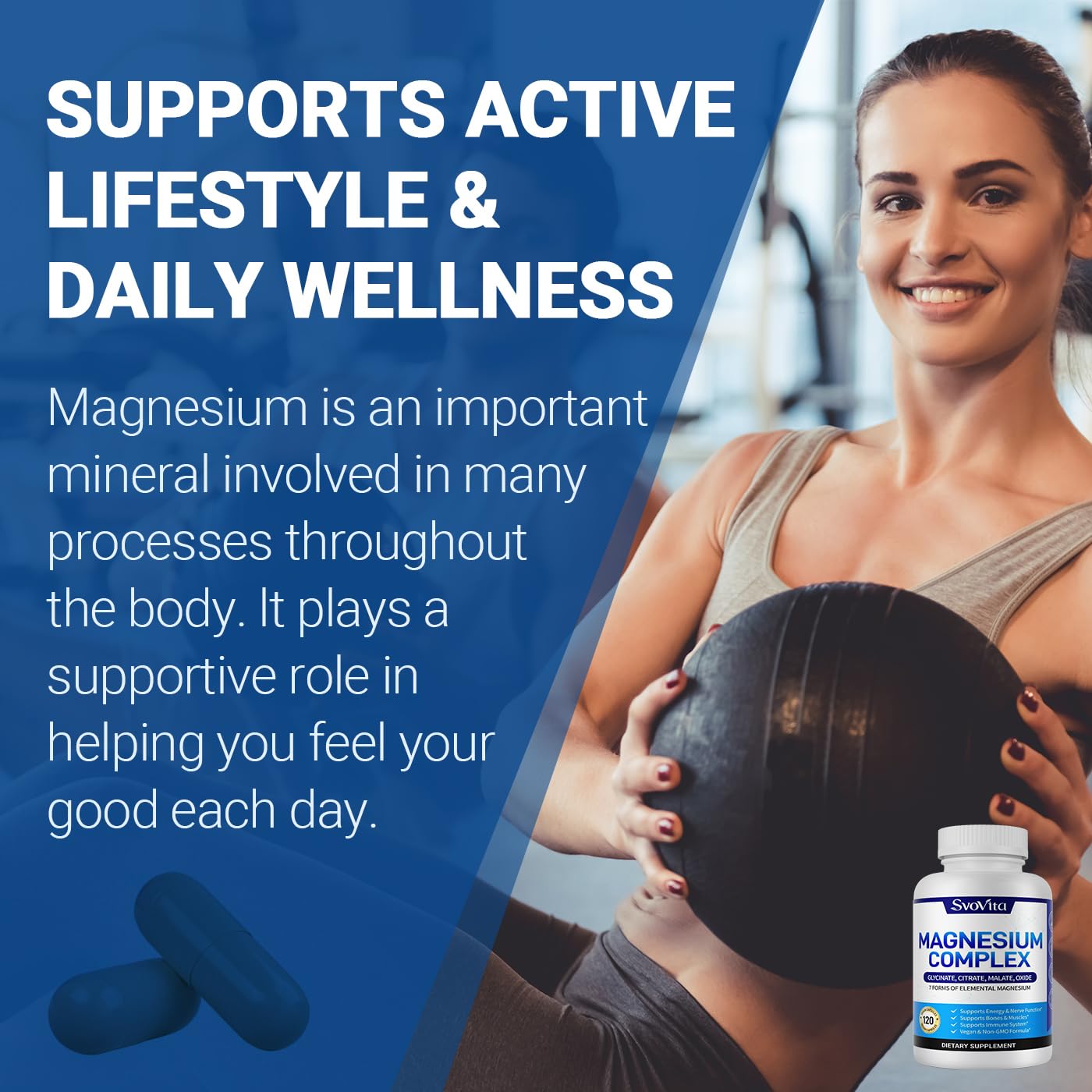 Magnesium Complex Supplement with 7 Forms of Magnesium Glycinate, Malate, Citrate & More, High Absorption for Bones, Muscle, Recovery, Energy, Vegan Non-GMO 120 Capsules Svovita