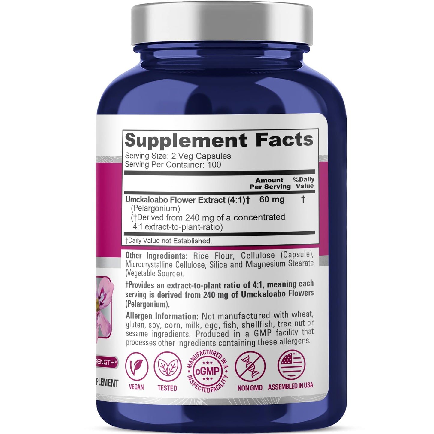 NusaPure Umckaloabo 4:1 Extract, 60 mg Equivalent to 240 mg Veggie Caps 200 Count (Non-GMO, Vegan) NusaPure