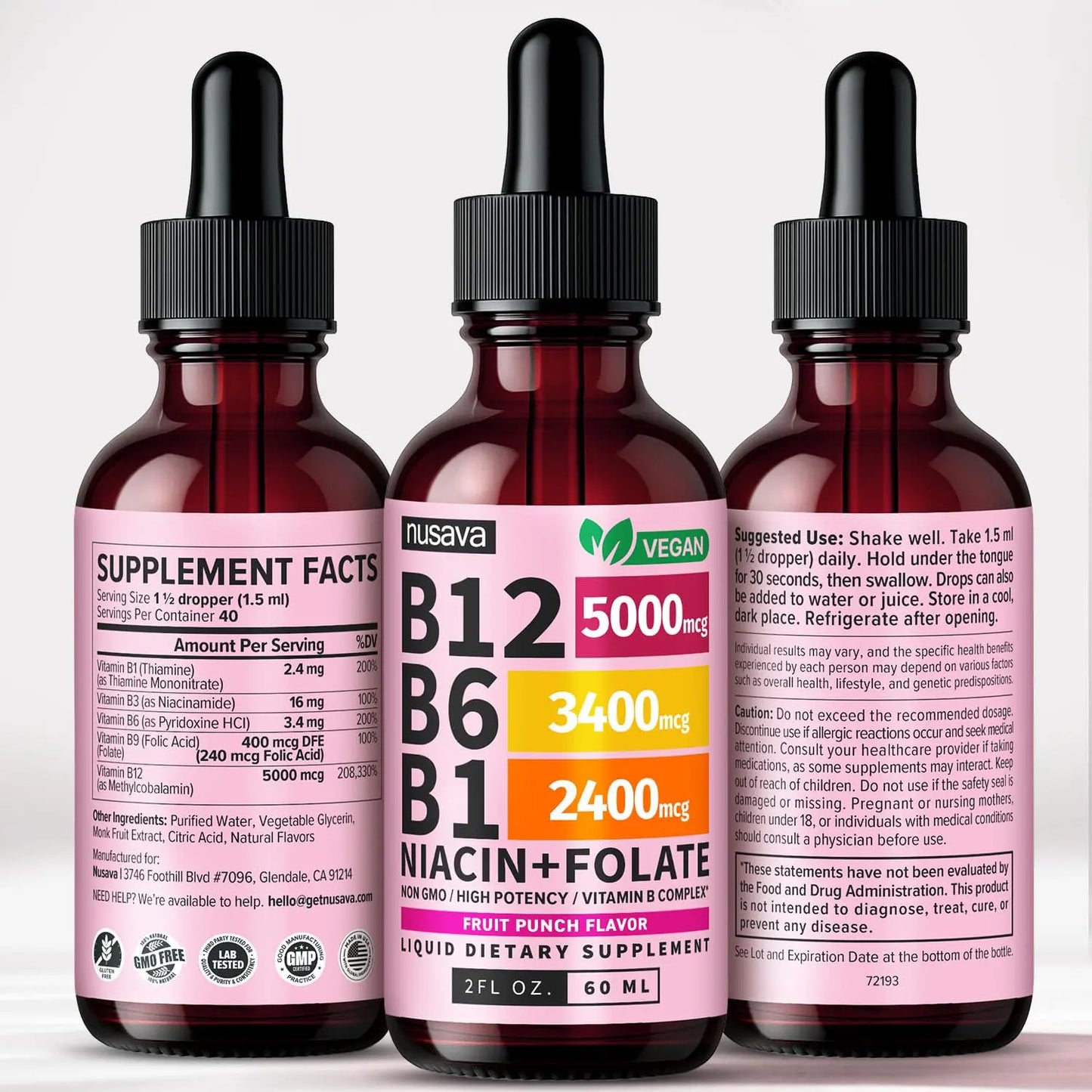 (2 Pack) Vitamin B12 and B6 Liquid Drops, B12 Sublingual Vitamin B Complex - B 12 Vitamin 5000mcg - B12 Methylcobalamin for Energy, Brain, and Heart Support NUSAVA