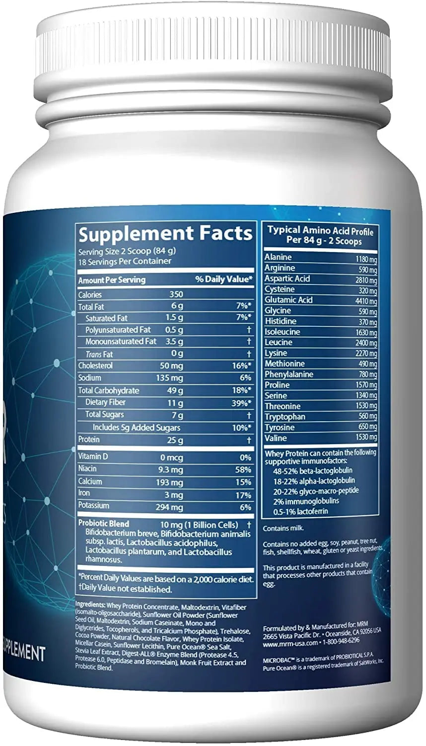 MRM Nutrition Gainer Protein with Probiotics & Postbiotics - Chocolate Flavored for Men & Women, 25g Protein, Whey Protein Concentrate & Isolate, Micellar Casein, & Digestive Enzymes - 18 Servings MRM