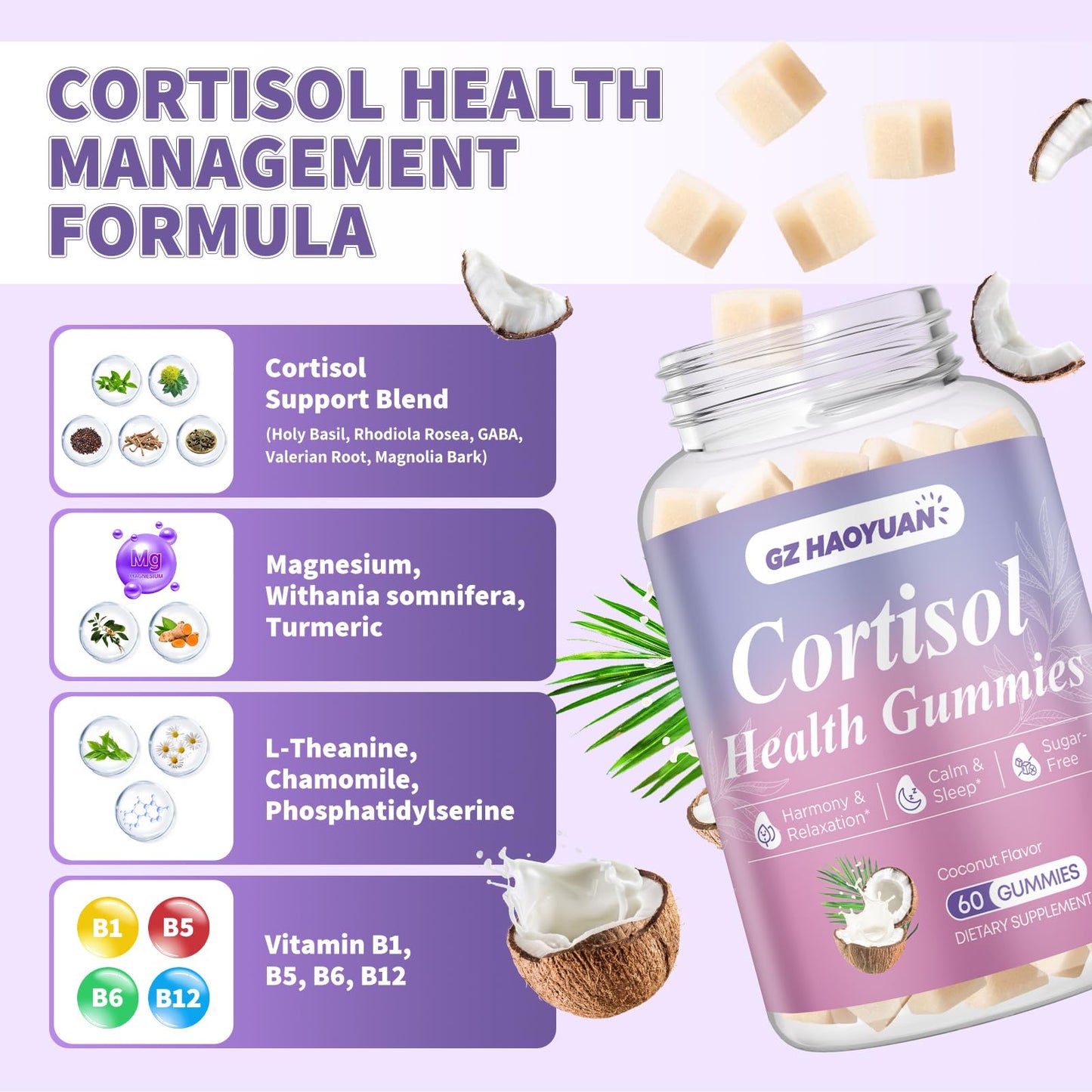 Cortisol Gummies for Women - Cortisol Supplements with Magnesium Glycinate, Ashwagandha, L-Theanine, Vitamin B Complex for Relaxation, Sleep, Calm Mood & Focus - Vegan, Sugar Free Coconut Flavor GZ HAOYUAN
