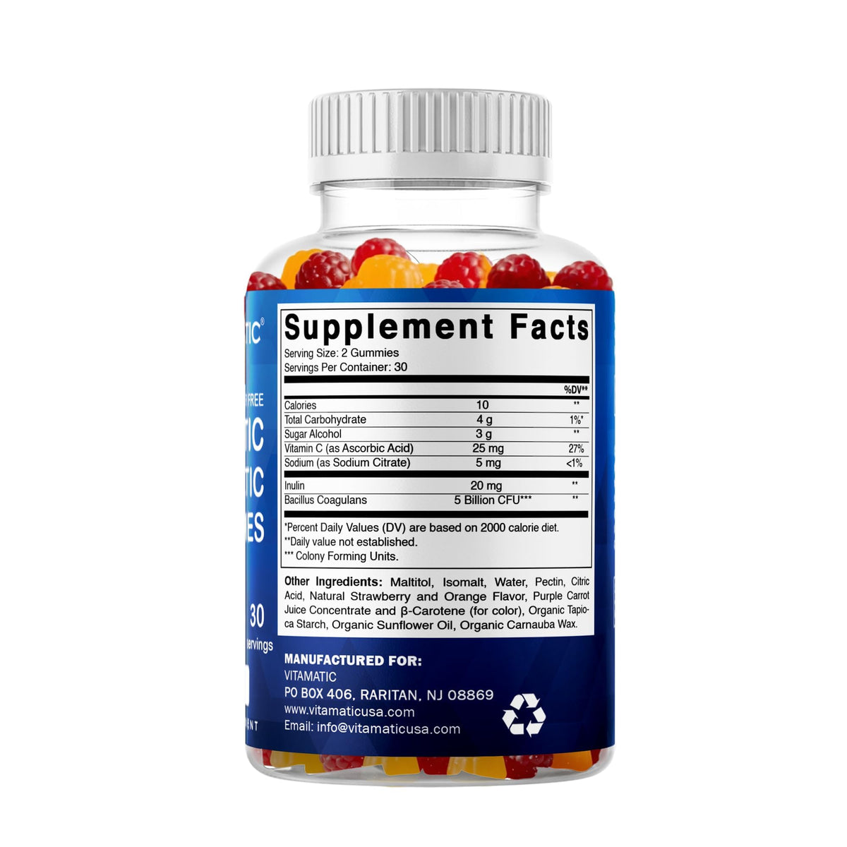 Vitamatic Probiotic Sugar Free Gummies for Men and Women – 5 Billion CFUs Digestive, Immune & Gut Health Support – Gluten Free Vitamatic