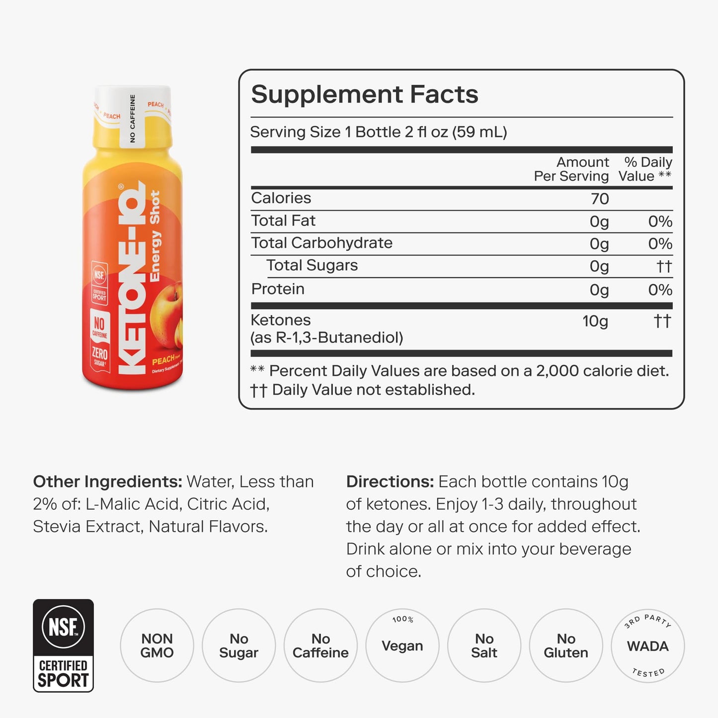 Ketone-IQ No Caffeine Performance Energy Shots – Ketone Fuel for Focus & Endurance, Metabolism Support, 10g Ketones, 24 Pack (Peach) Ketone-IQ