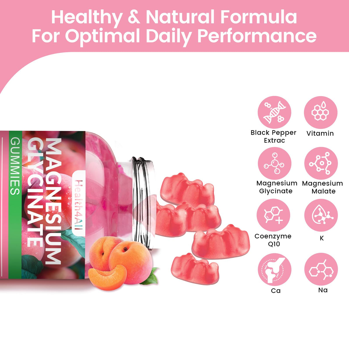 Magnesium Glycinate Gummies 1000mg, High Absorption Sugar Free Magnesium Potassium Supplement for Relaxation Health4All