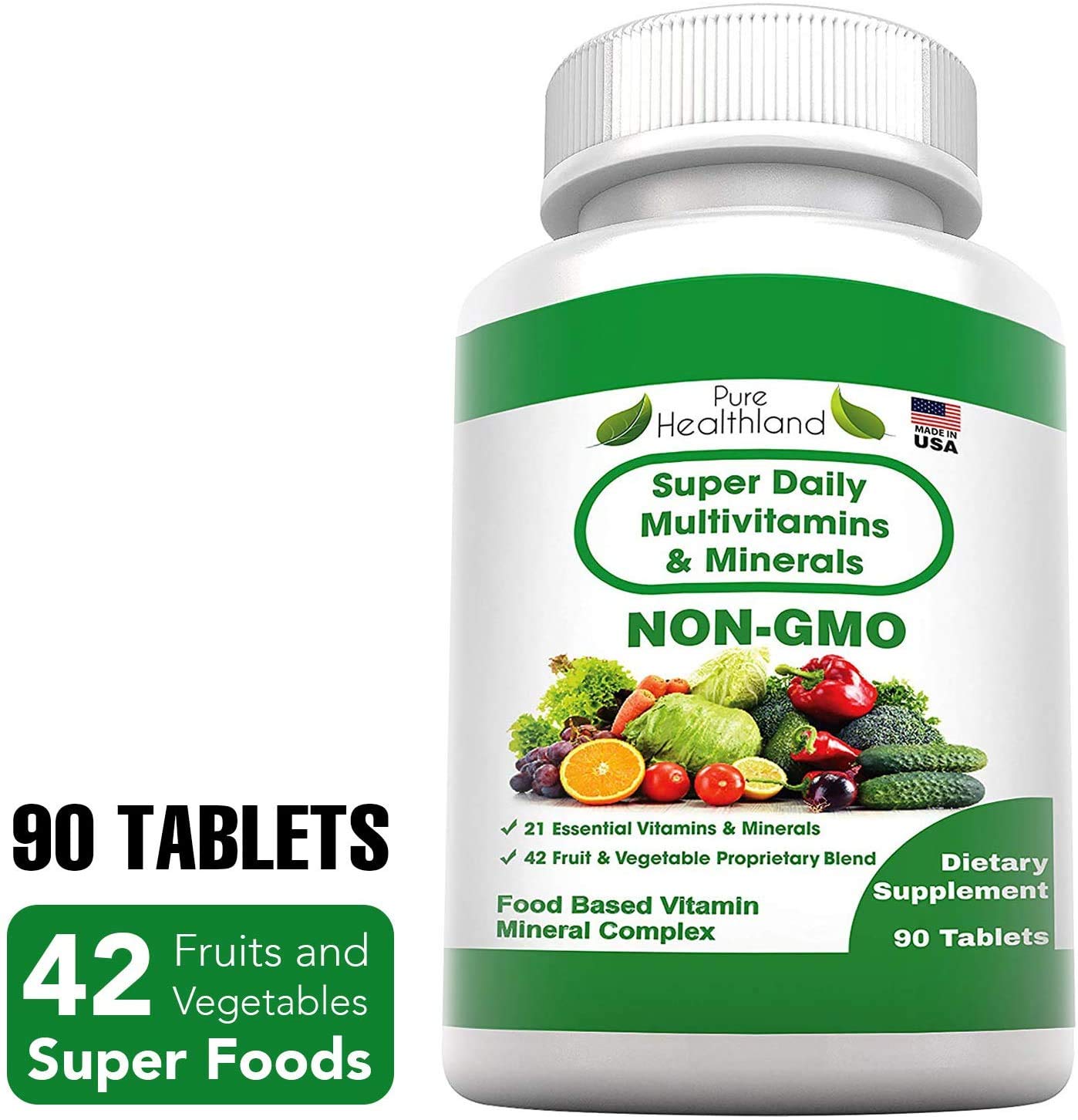 Pure Heathland Non-GMO Super Daily Multivitamin for Adults – 42 Natural Fruits & Vegetables Blend with 21 Essential Vitamins & Minerals – Vegan Coating Tablets, 90 Count, Made in USA Pure Healthland
