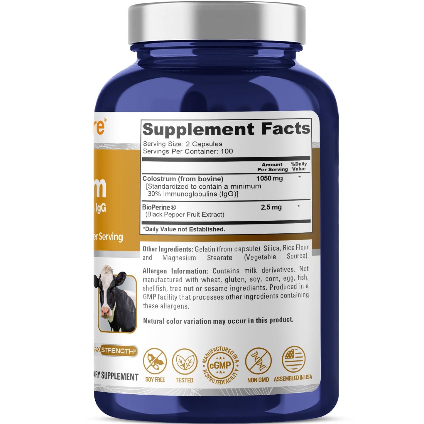 NusaPure Colostrum 1050mg 30% IgG 200 capsules (Non-GMO, Soyfree) Bioperine NusaPure