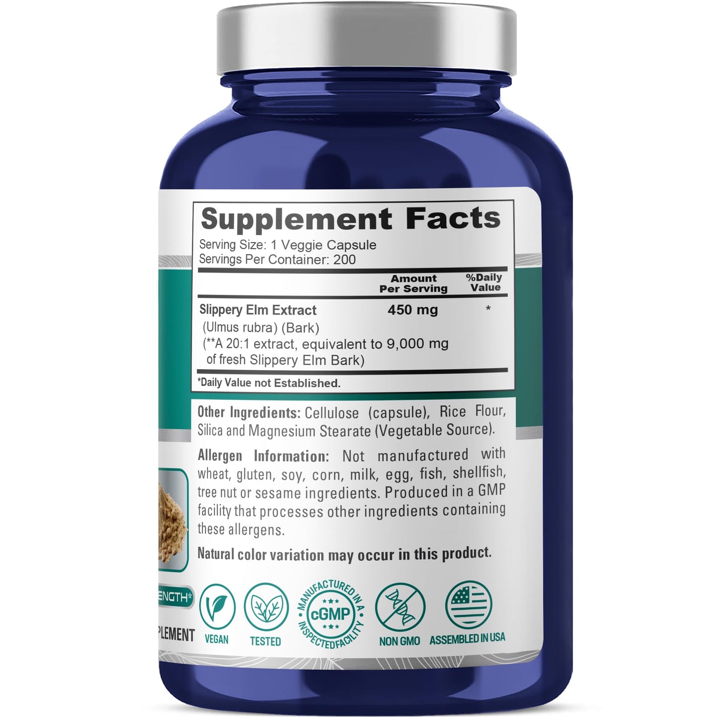 NusaPure Slippery Elm Bark 20:1 Extract, 450 mg Equivalent to 9,000mg 200 Veggie Capsules (Non-GMO, Vegan) NusaPure