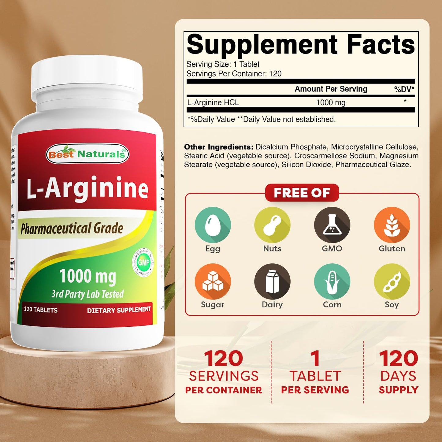 (New Improved Formula) Best Naturals L-Arginine 1000 mg 120 Tablets - Pharmaceutical Grade L Arginine Supplement Best Naturals