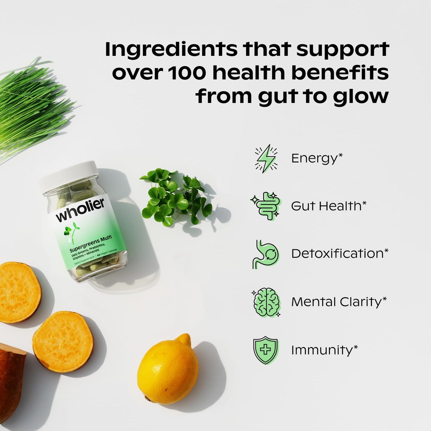 wholier Supergreens Multi, Daily Greens, Vegan Multivitamin for Women + Men, Whole Food Vitamins + Minerals, Prebiotics for Gut Health, Adaptogens (60 Vegan Capsules) Glass Bottle wholier