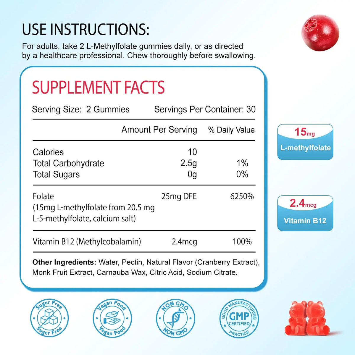 Zetelixia 2 Pack L-Methylfolate 15mg & Methyl B12 Gummies, Folate Supplement for Brain Health, Mood & Immunity, DNA Synthesis & Repair Zetelixia