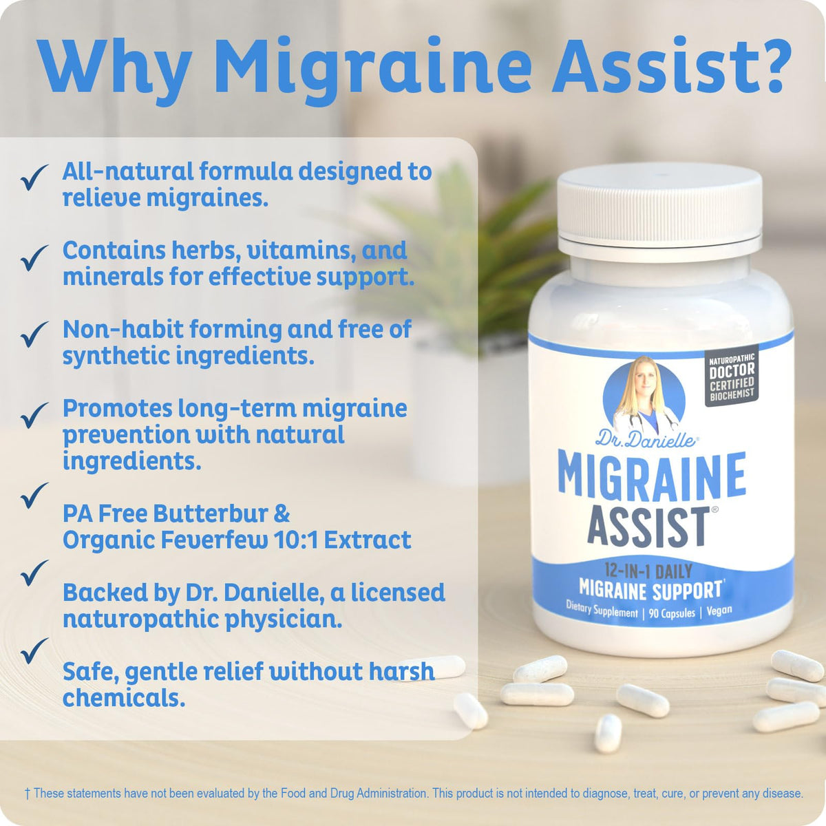 Best Migraine Relief Product with Magnesium - Migraine Assist Supplement with Quercetin, Feverfew, Butterbur, CoQ10 from Dr. Danielle, 90 Capsules Doctor Danielle