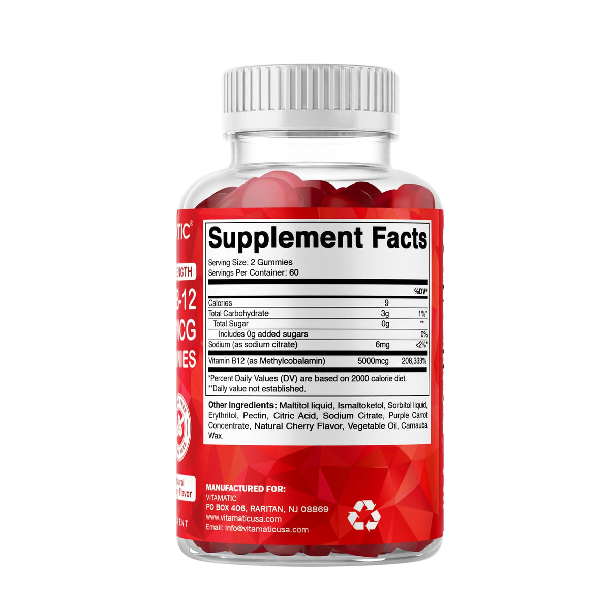 Vitamatic Extra Strength Vitamin B12 5000 mcg (Methyl B12) Gummies - 120 Count - Energy Metabolism Support and Nervous Vitamatic