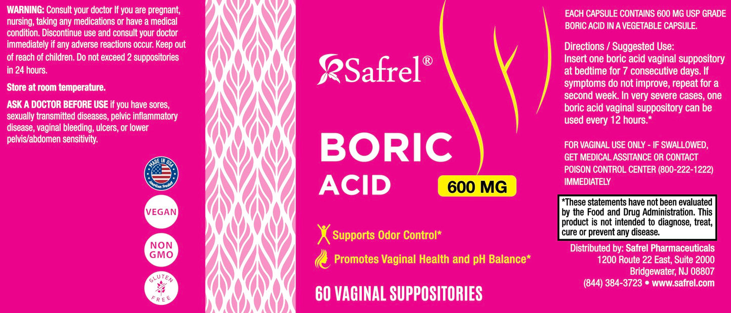 Safrel Boric Acid Vaginal Suppositories - 100% Pure Made in USA - Intimate Health Support, Vaginal Health and pH, Odor Control (60 Count) Safrel